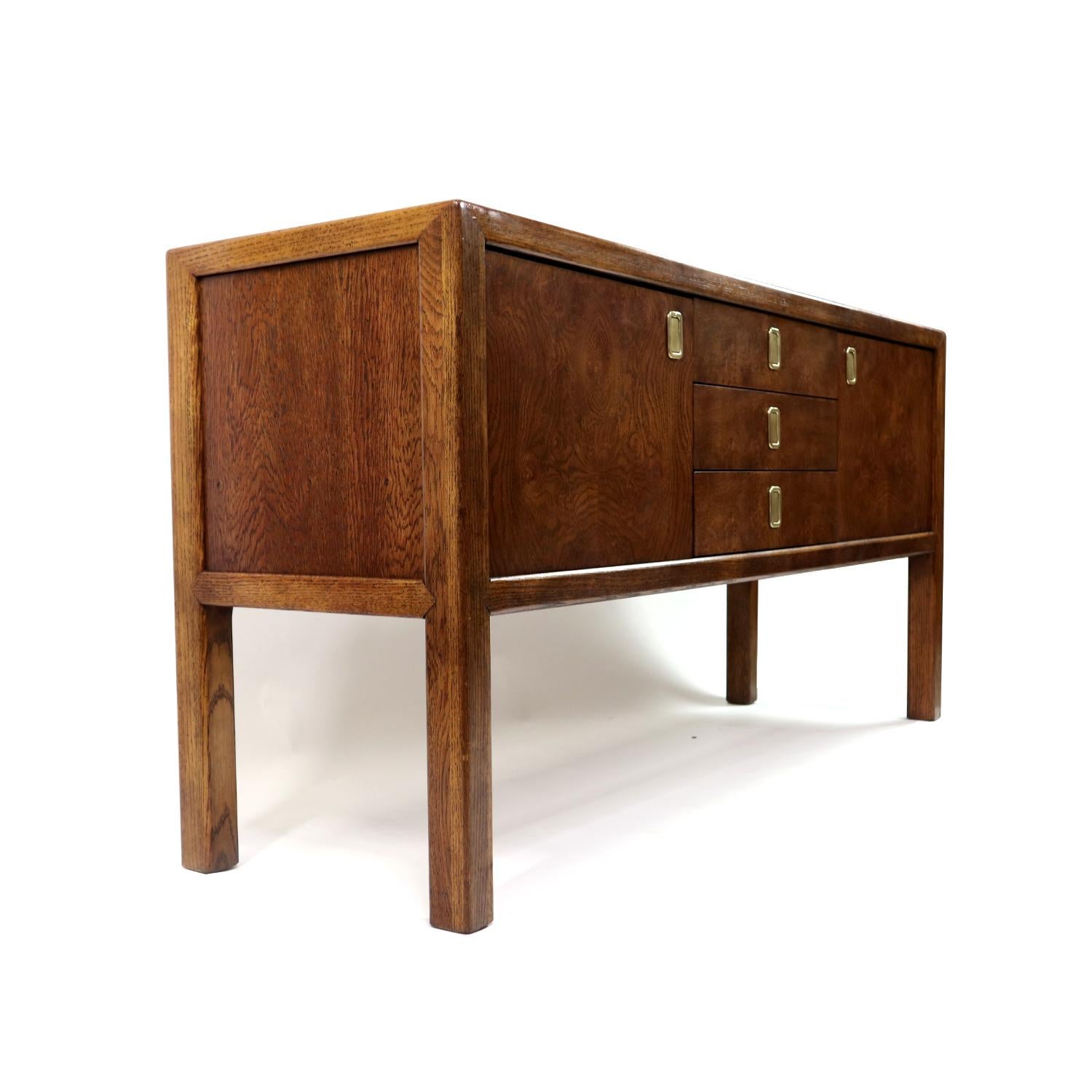 Late 20th Century Brass Pull Oak Burl Wood Campaign Modern Credenza by Century Furniture, 1970s