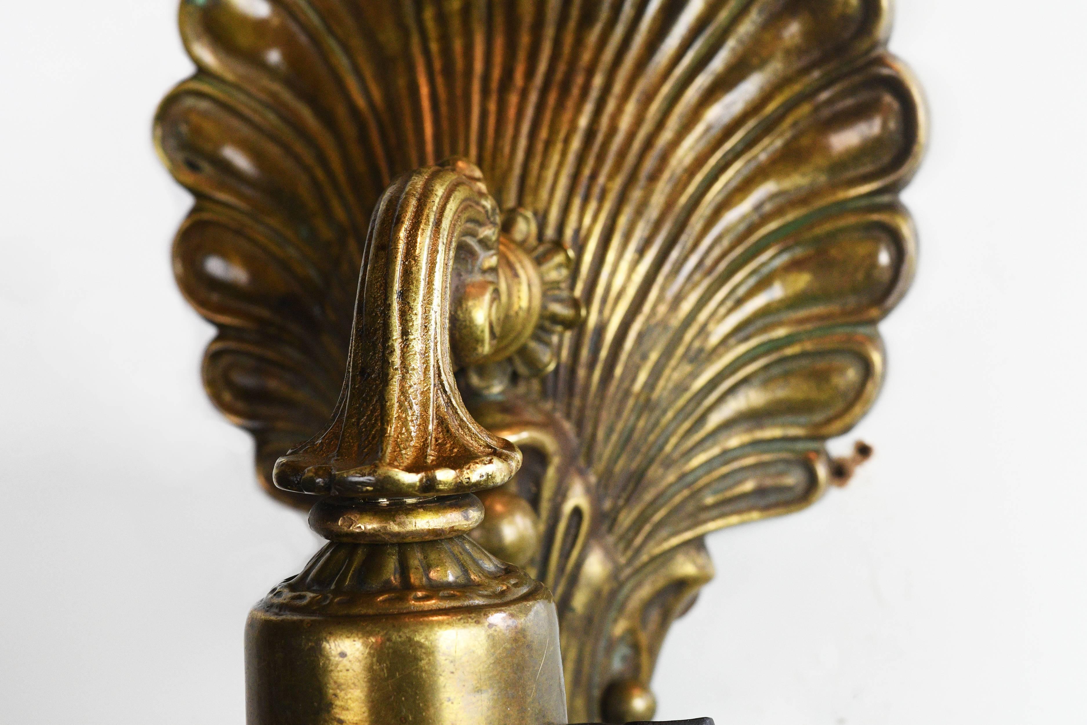 Early 20th Century Brass Pullman Train Sconce with Etched Steuben Shade