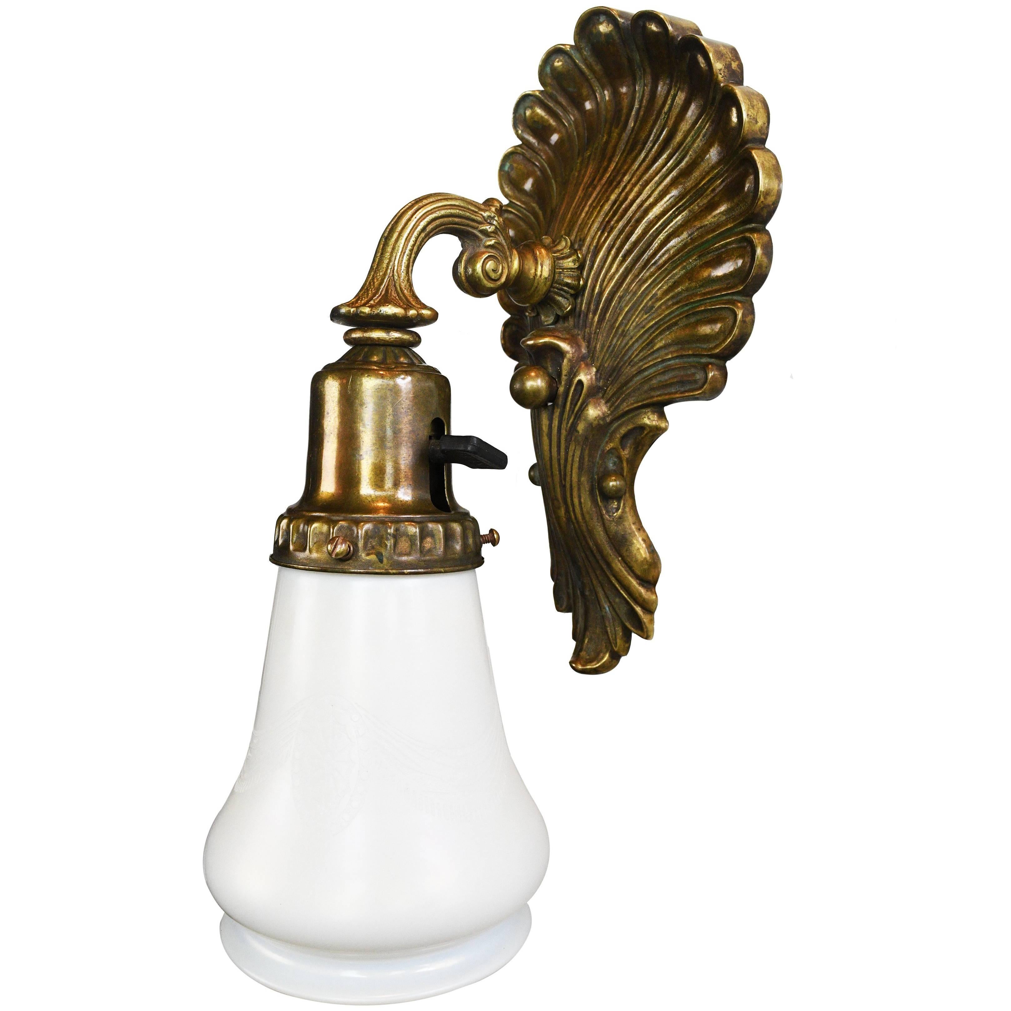 Brass Pullman Train Sconce with Etched Steuben Shade