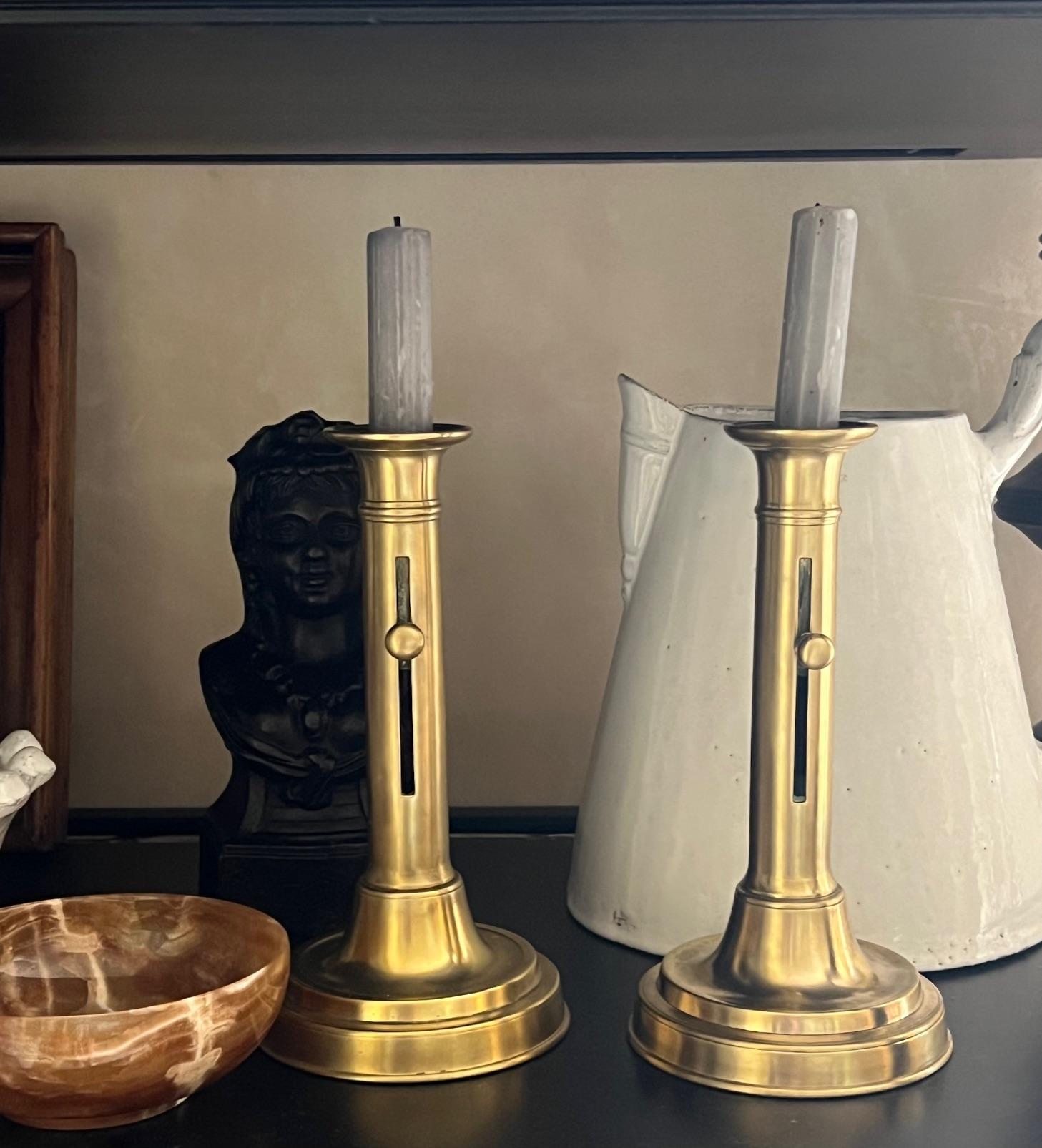 French Provincial Brass Push Up Candlesticks, French, 19th C.