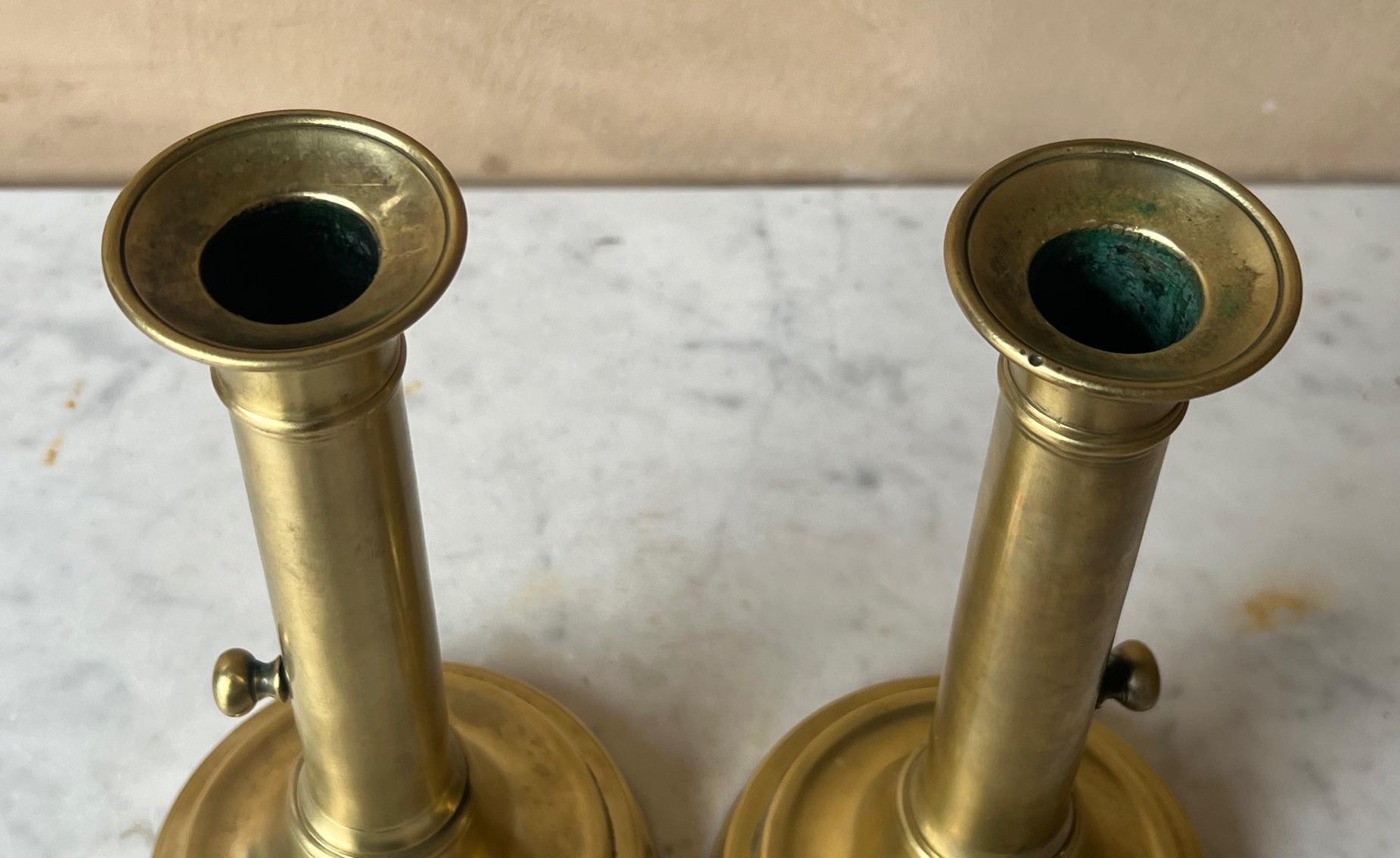 Brass Push Up Candlesticks, French, 19th C. 1
