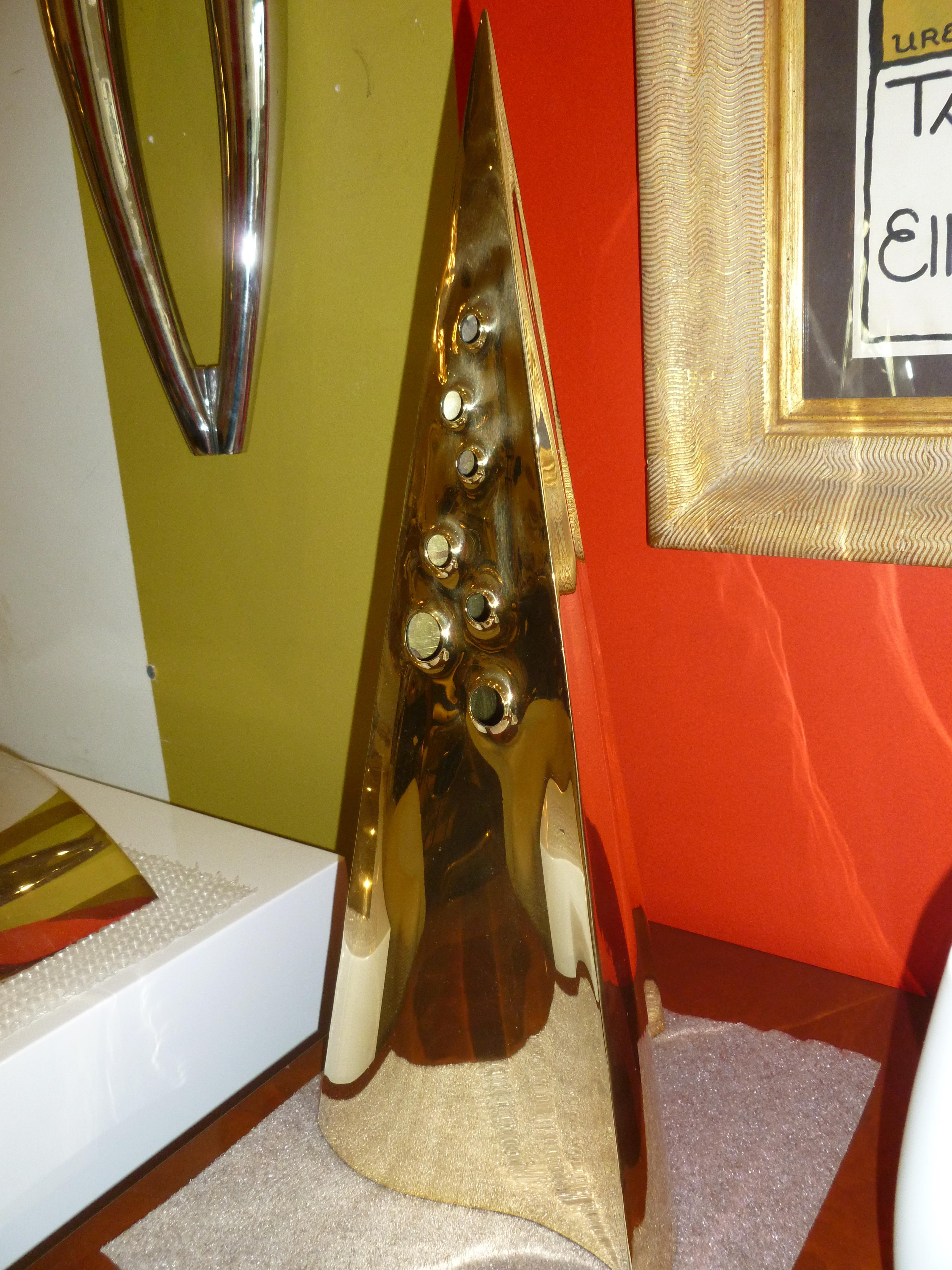 Vintage Brass Pyramid Triangle Tall Modernist Sculpture With Hole Design For Sale 7