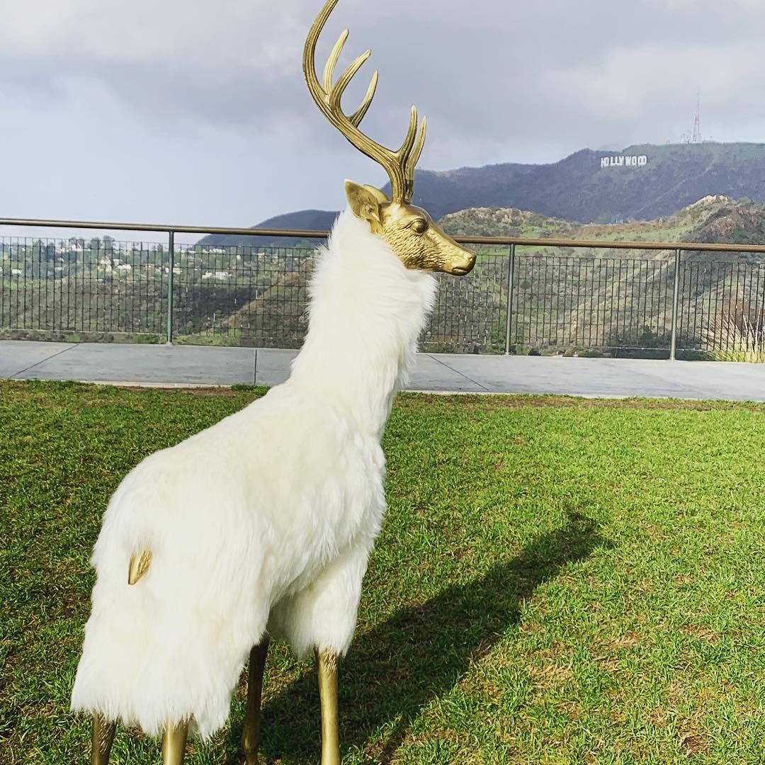 Patinated Brass Deer Sculpture in Fur Christmas Decor