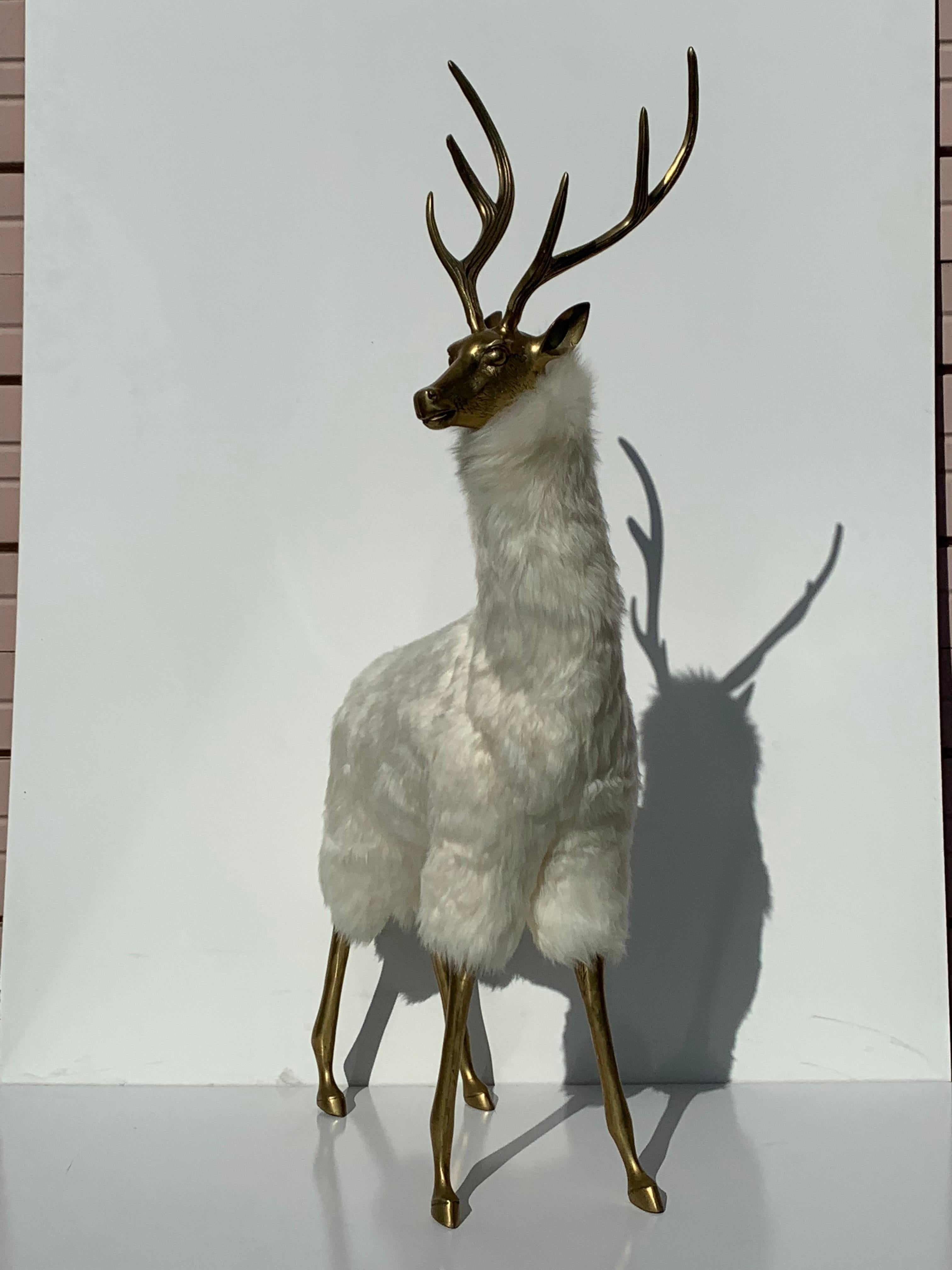 Brass Deer Sculpture in Fur Christmas Decor In Good Condition In North Hollywood, CA