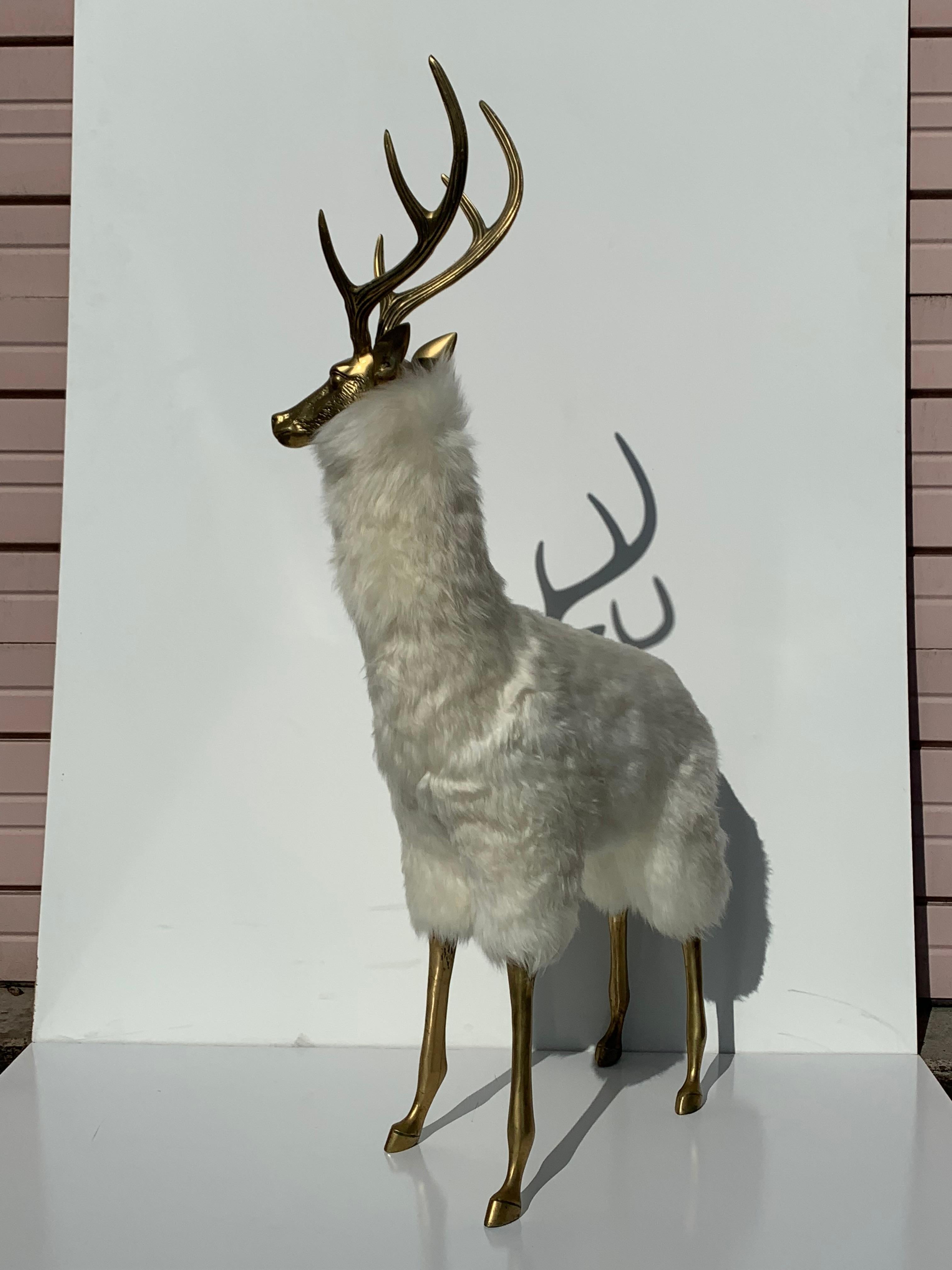 Late 20th Century Brass Deer Sculpture in Fur Christmas Decor