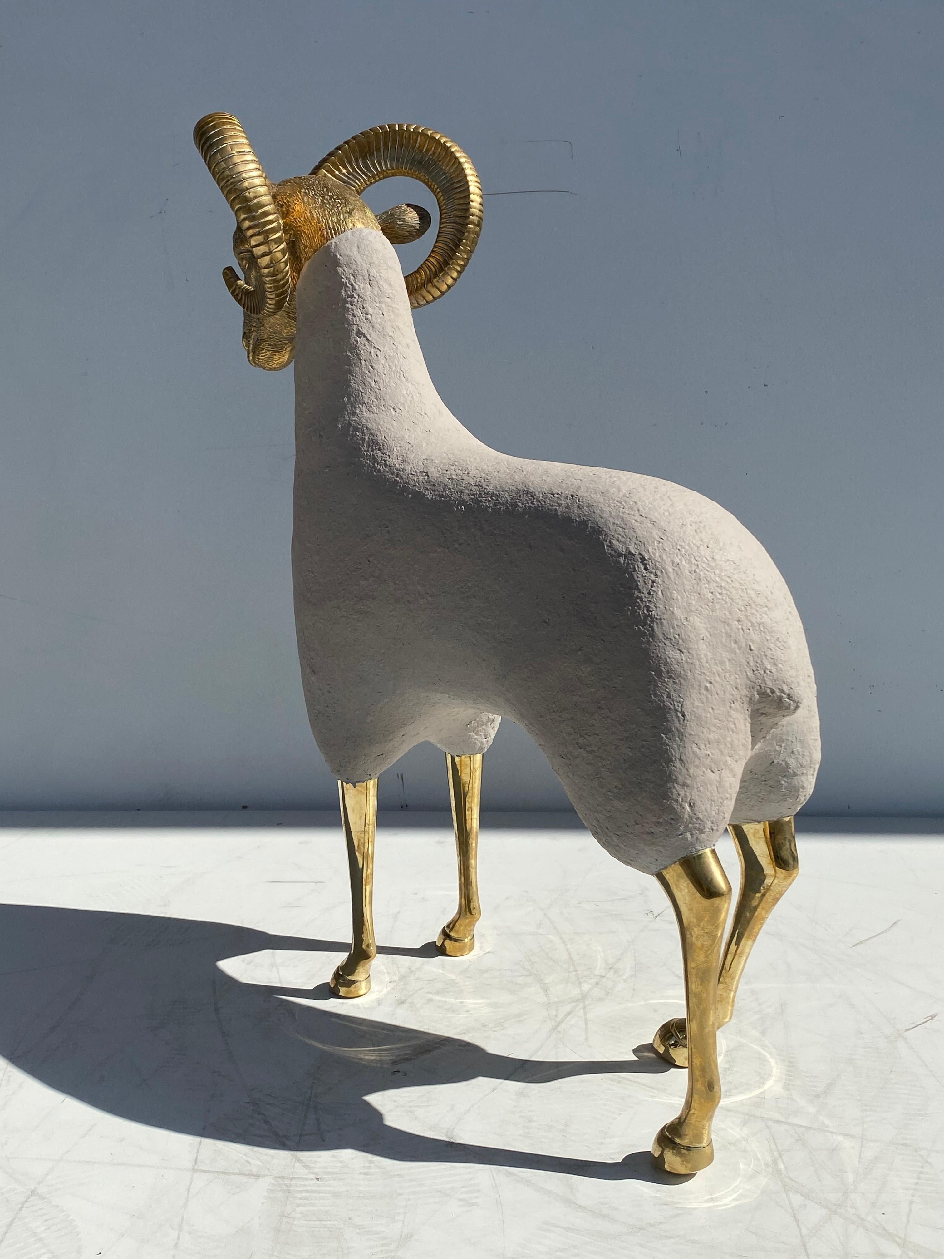 Mid-Century Modern Brass Ram Sculpture in Faux Concrete For Sale