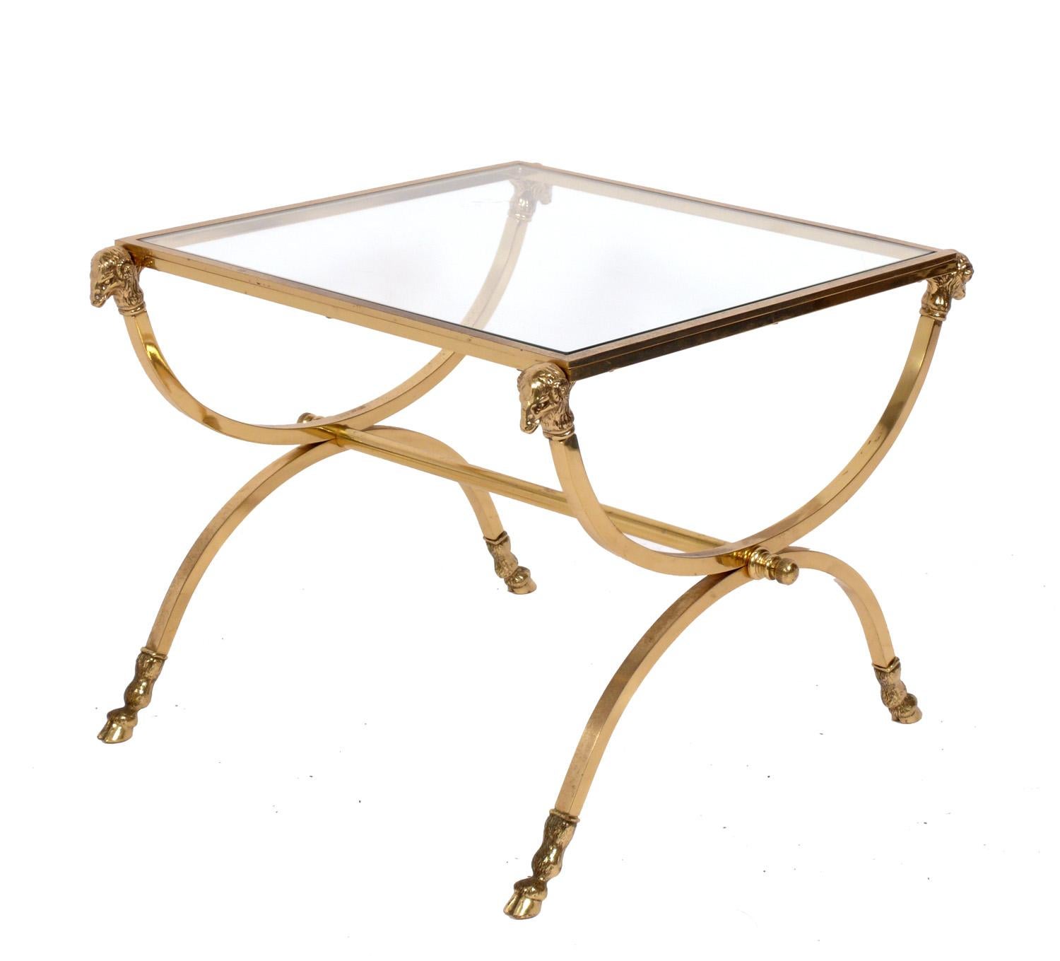 Brass or Bronze Rams Head Table in the Manner of Maison Jansen, France, circa 1950s. It is a versatile size and can be used as a side or end table, or as a night stand. Retains warm original patina.  