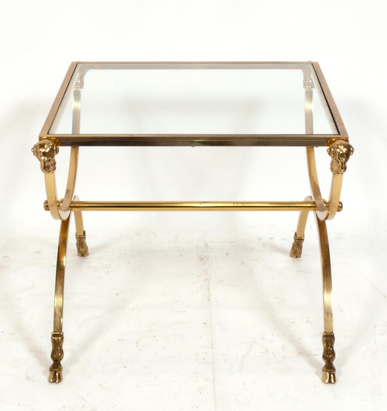 Hollywood Regency Brass Rams Head End Table in the Manner of Maison Jansen For Sale