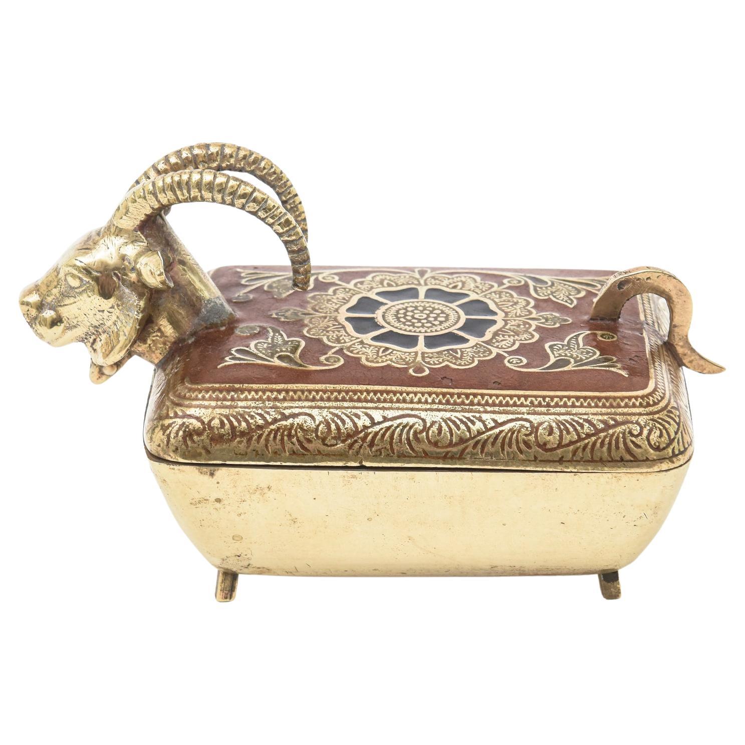 Brass Ram's Head Hinged Box With Enamel Burgundy Brown Red and Black Design 50's For Sale
