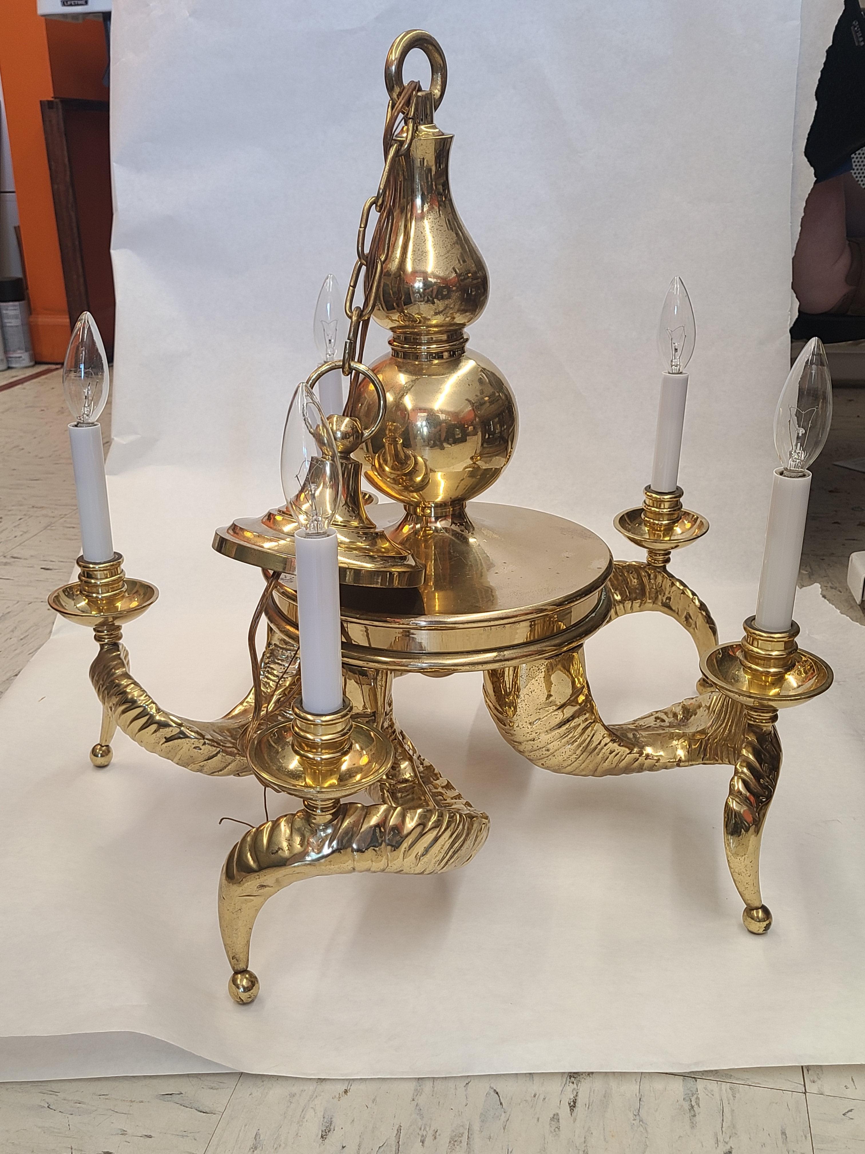 Brass Rams Horn Chandelier by Chapman circa 1960 For Sale 3