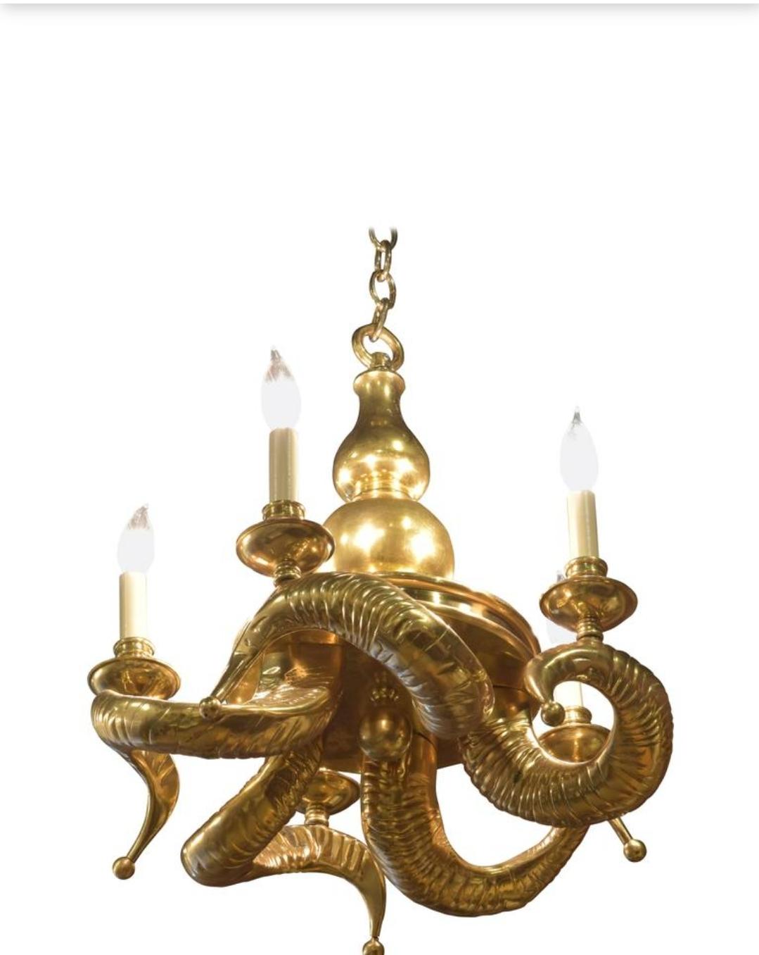 Brass Rams Horn Chandelier by Chapman circa 1960 For Sale 4