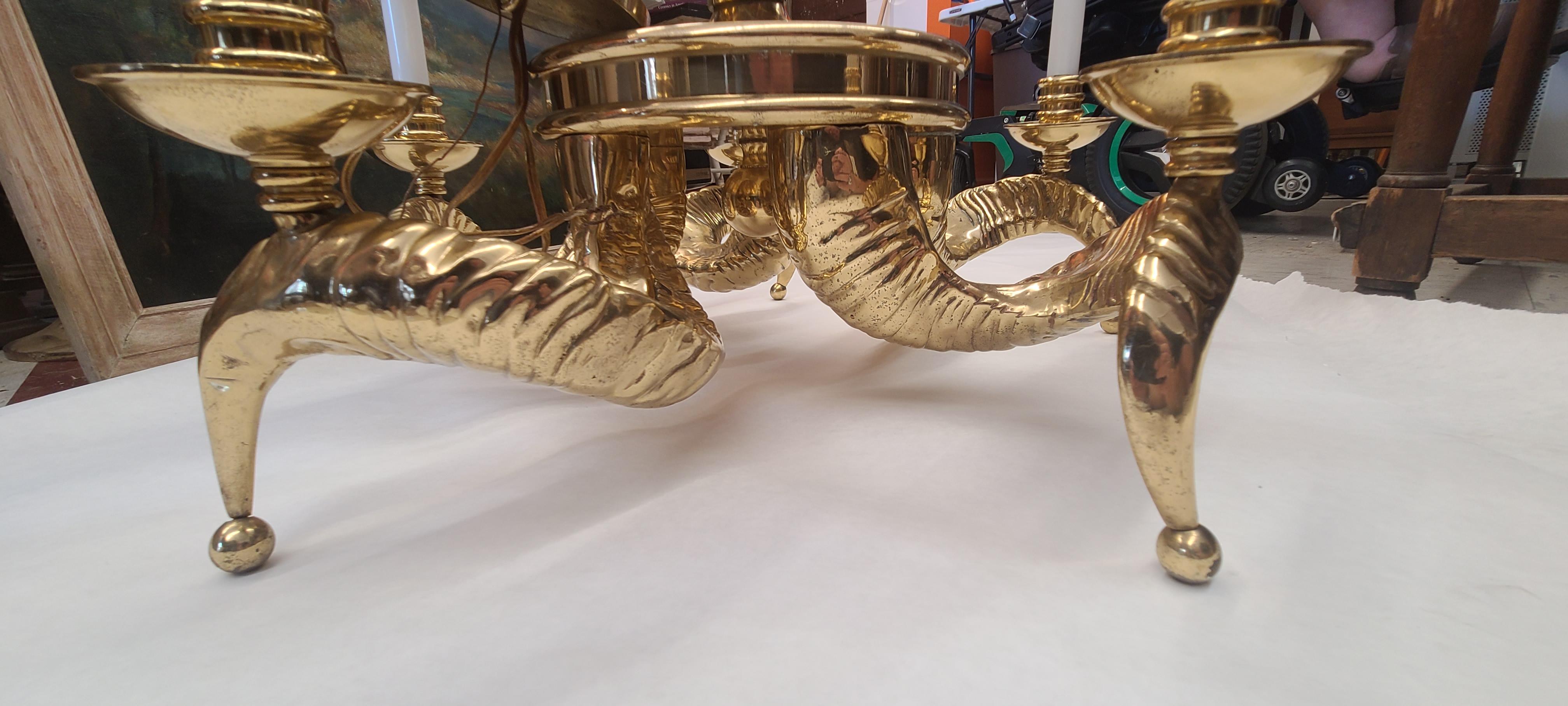 Brass Rams Horn Chandelier by Chapman circa 1960 For Sale 6