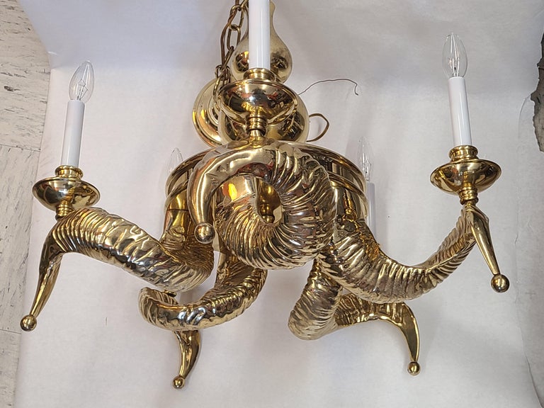 Stunning solid cast brass Rams head chandelier from the 1960s by Chapman Lighting.