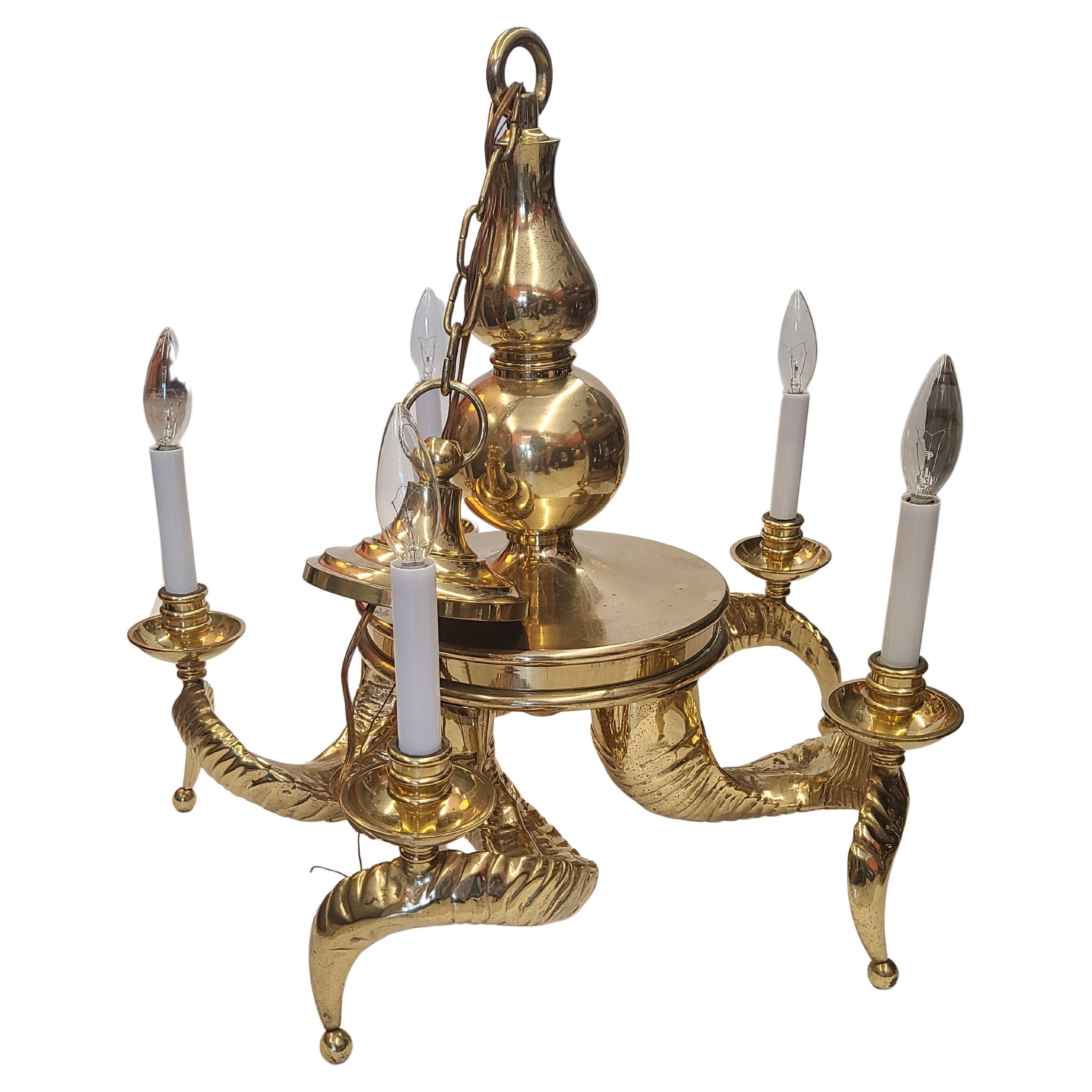 Brass Rams Horn Chandelier by Chapman circa 1960 For Sale