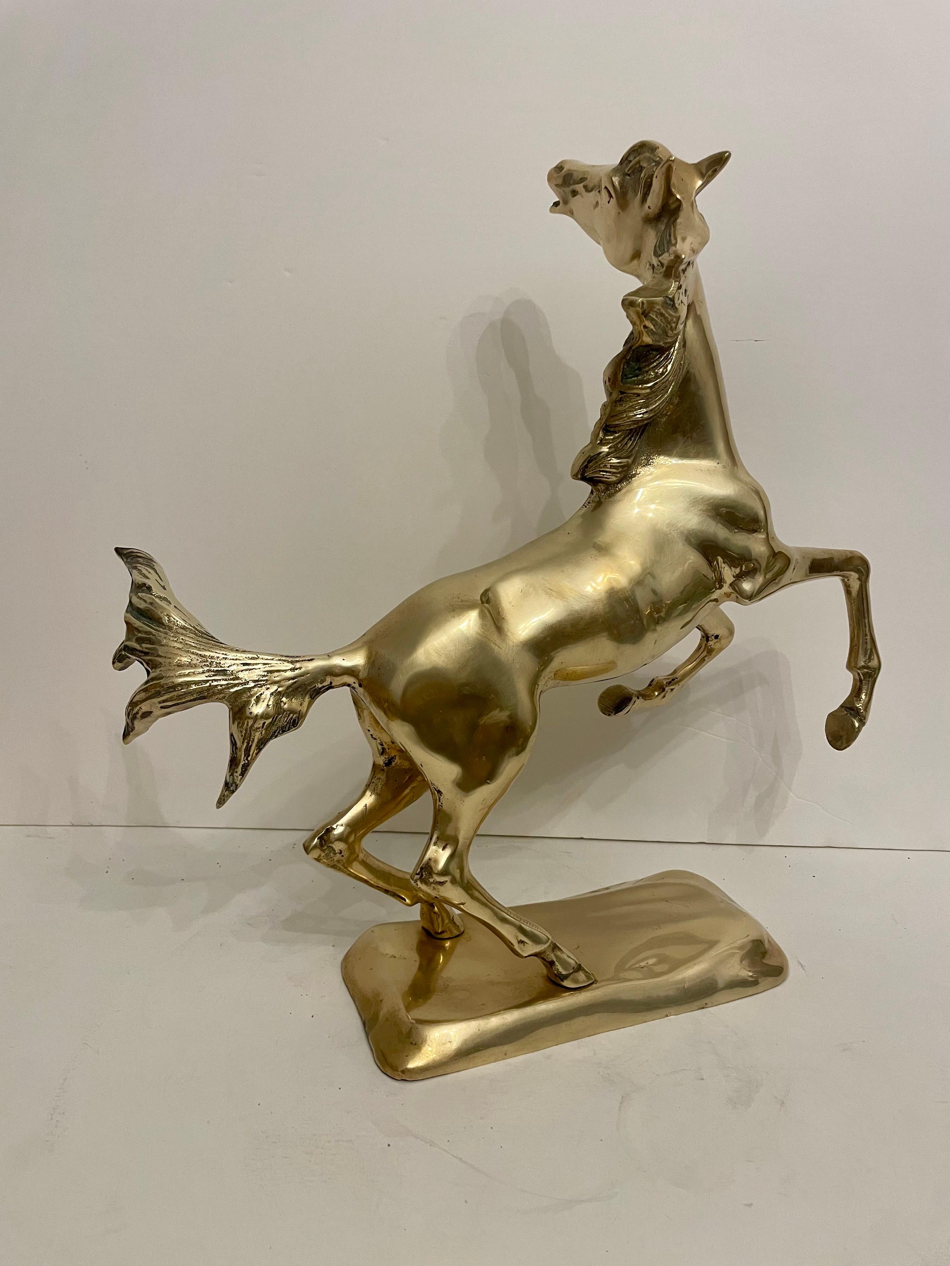 Hollywood Regency Brass Rearing Horse Sculpture For Sale