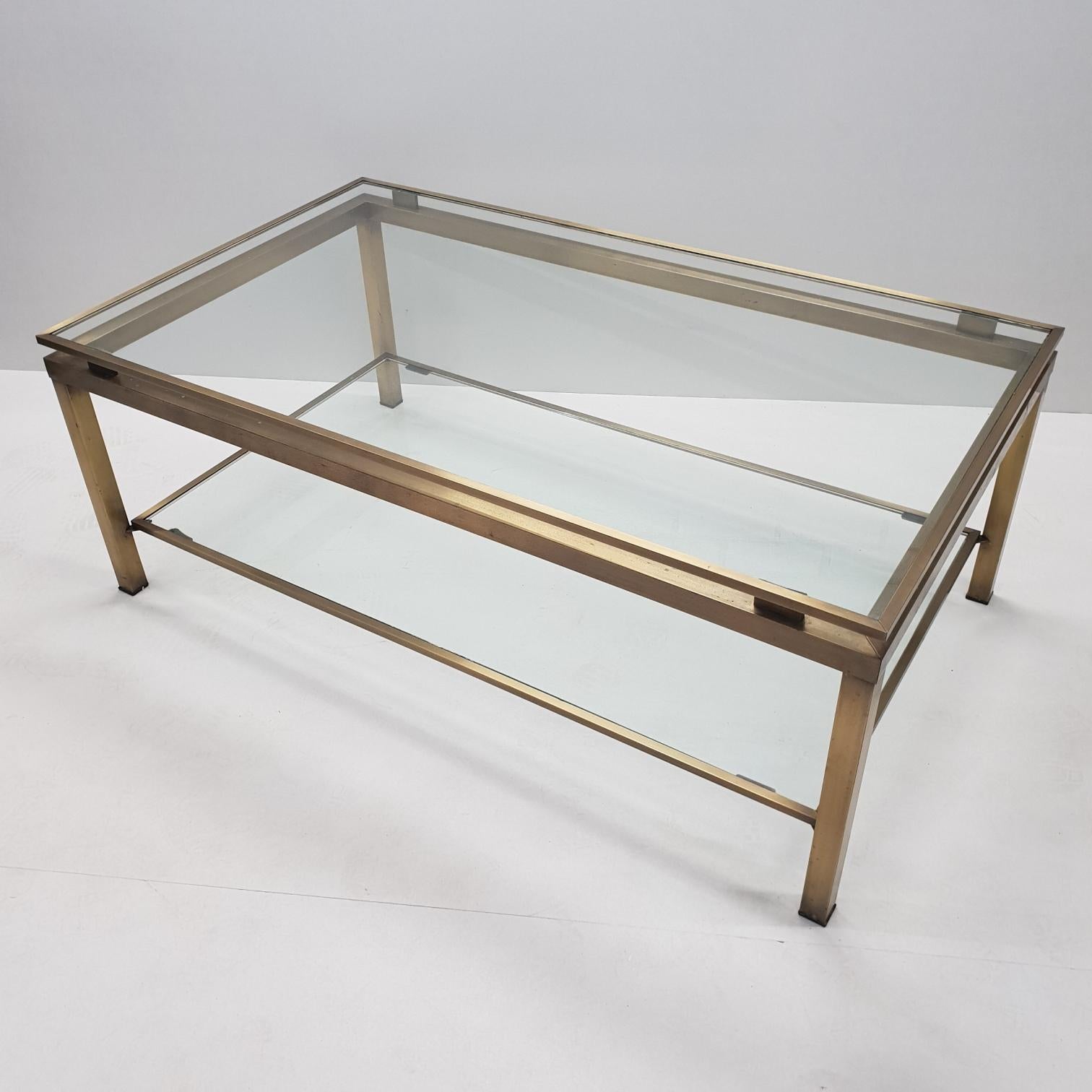 Brushed Brass Rectangular 2-Tiers Coffee Table by Maison Jansen, 1970s For Sale