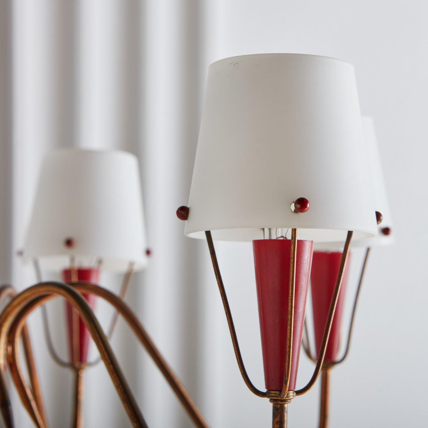 Brass + Red Acrylic Chandelier With Frosted Glass Shades, France 1950s 5