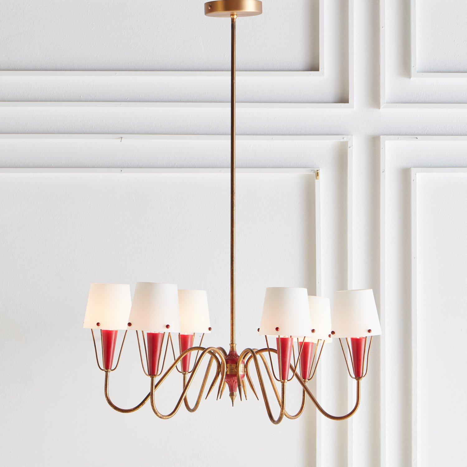 Mid-Century Modern Brass + Red Acrylic Chandelier With Frosted Glass Shades, France 1950s