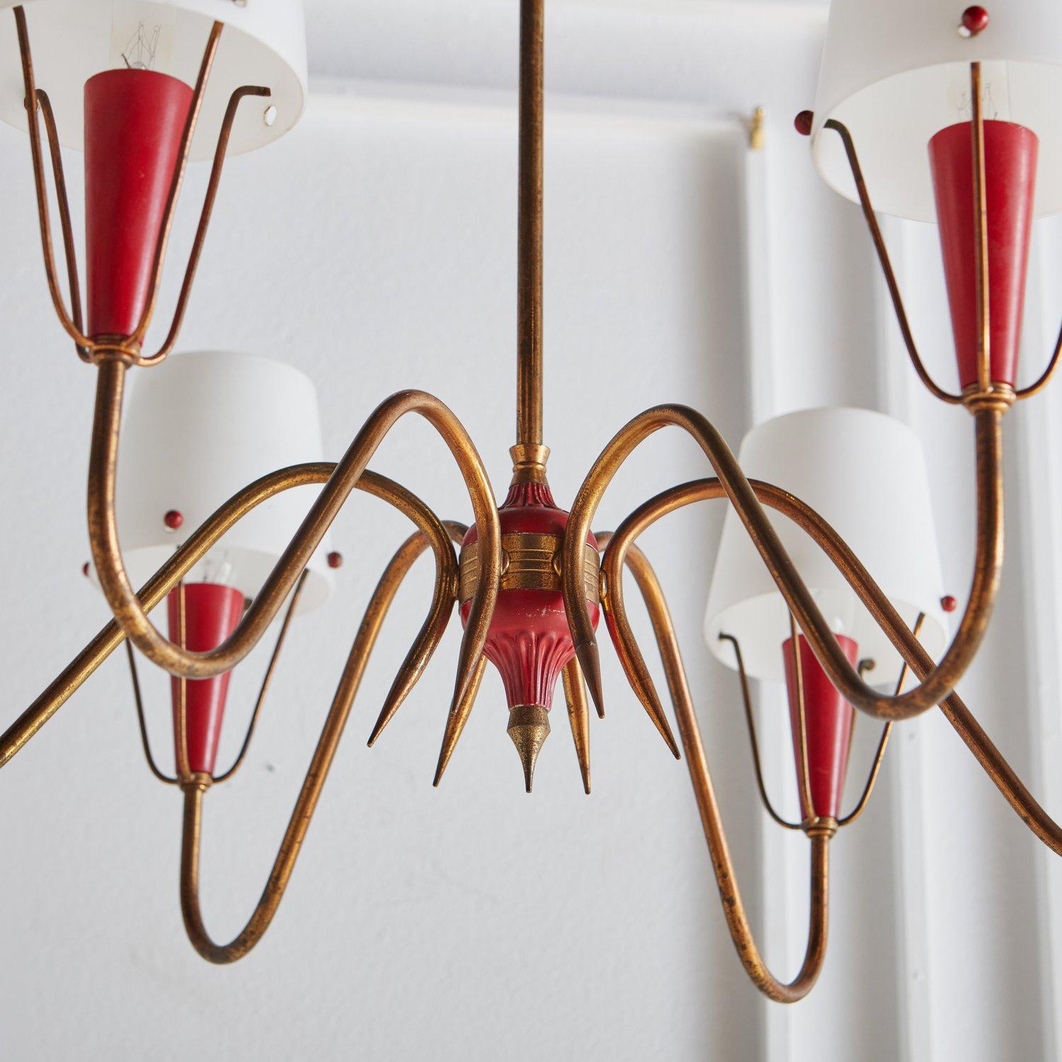 French Brass + Red Acrylic Chandelier With Frosted Glass Shades, France 1950s