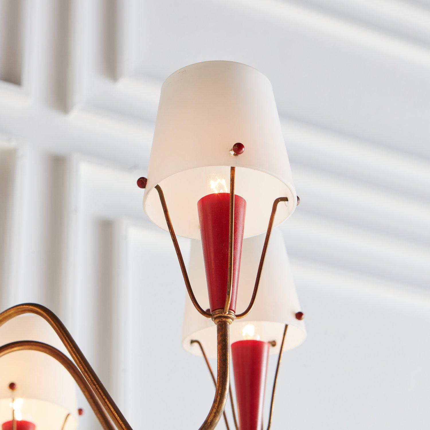 Brass + Red Acrylic Chandelier With Frosted Glass Shades, France 1950s In Good Condition In Chicago, IL