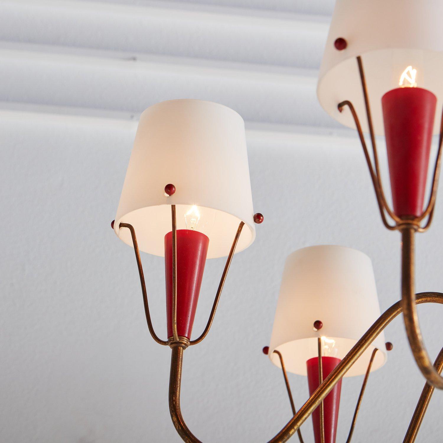 Mid-20th Century Brass + Red Acrylic Chandelier With Frosted Glass Shades, France 1950s