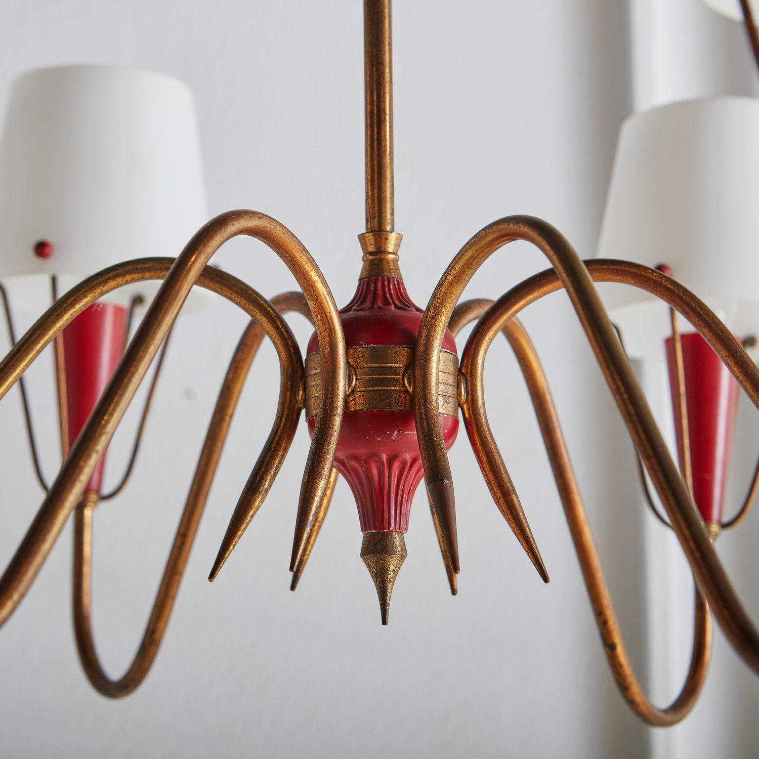 Brass + Red Acrylic Chandelier With Frosted Glass Shades, France 1950s 2