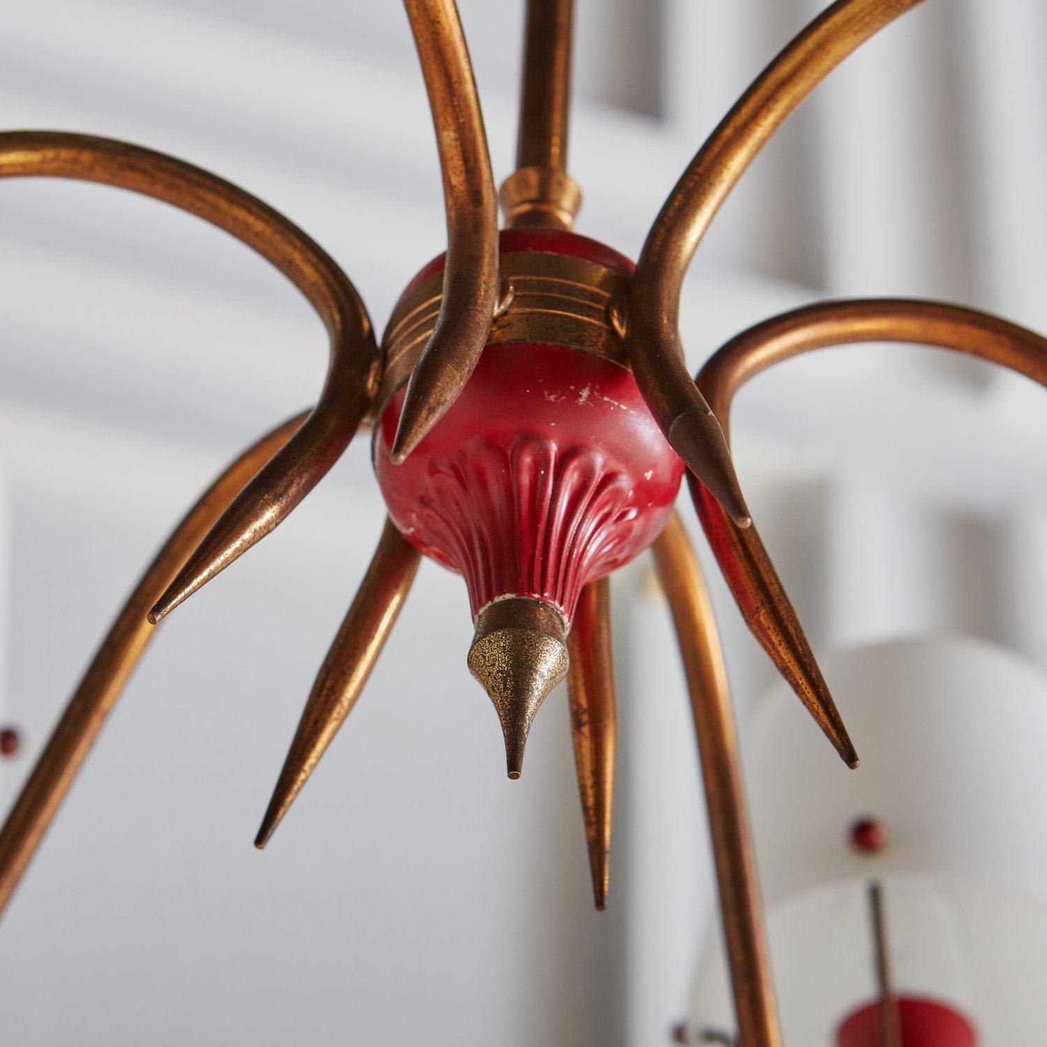 Brass + Red Acrylic Chandelier With Frosted Glass Shades, France 1950s 3