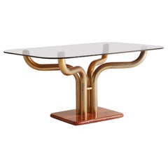 Brass + Red Travertine Dining Table With Smoked Glass Top by Guido Faleschini