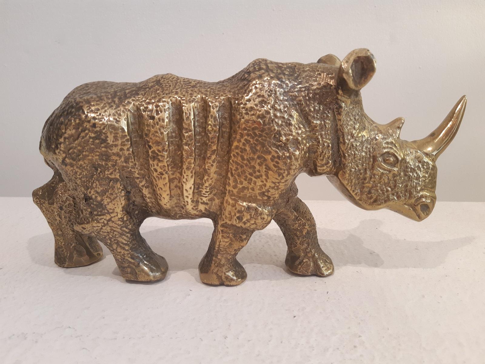 European Brass Rhinoceros Figurine 1970s Mid-Century Modern Sculpture 