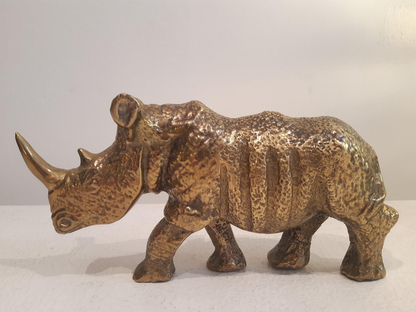 Brass Rhinoceros Figurine 1970s Mid-Century Modern Sculpture  1