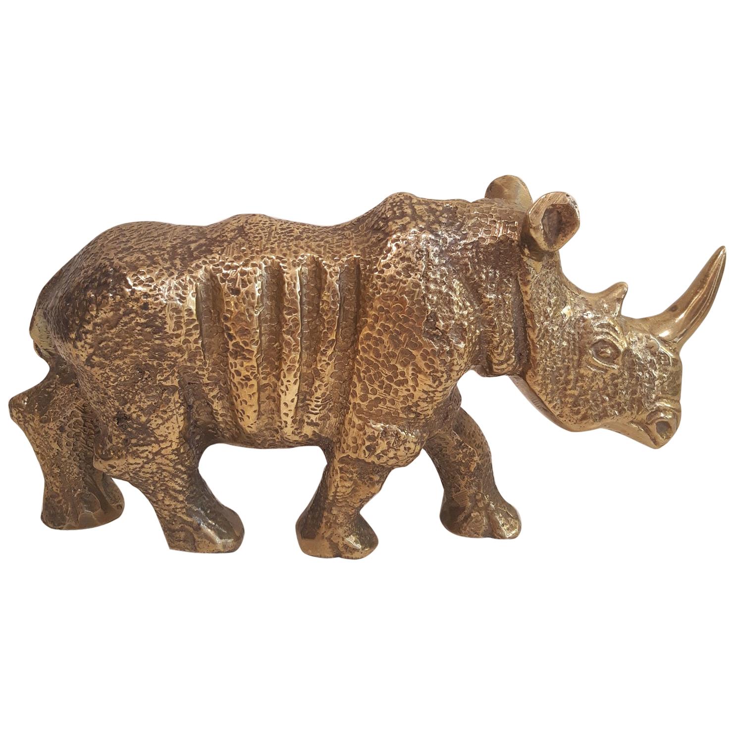 Brass Rhinoceros Figurine 1970s Mid-Century Modern Sculpture 