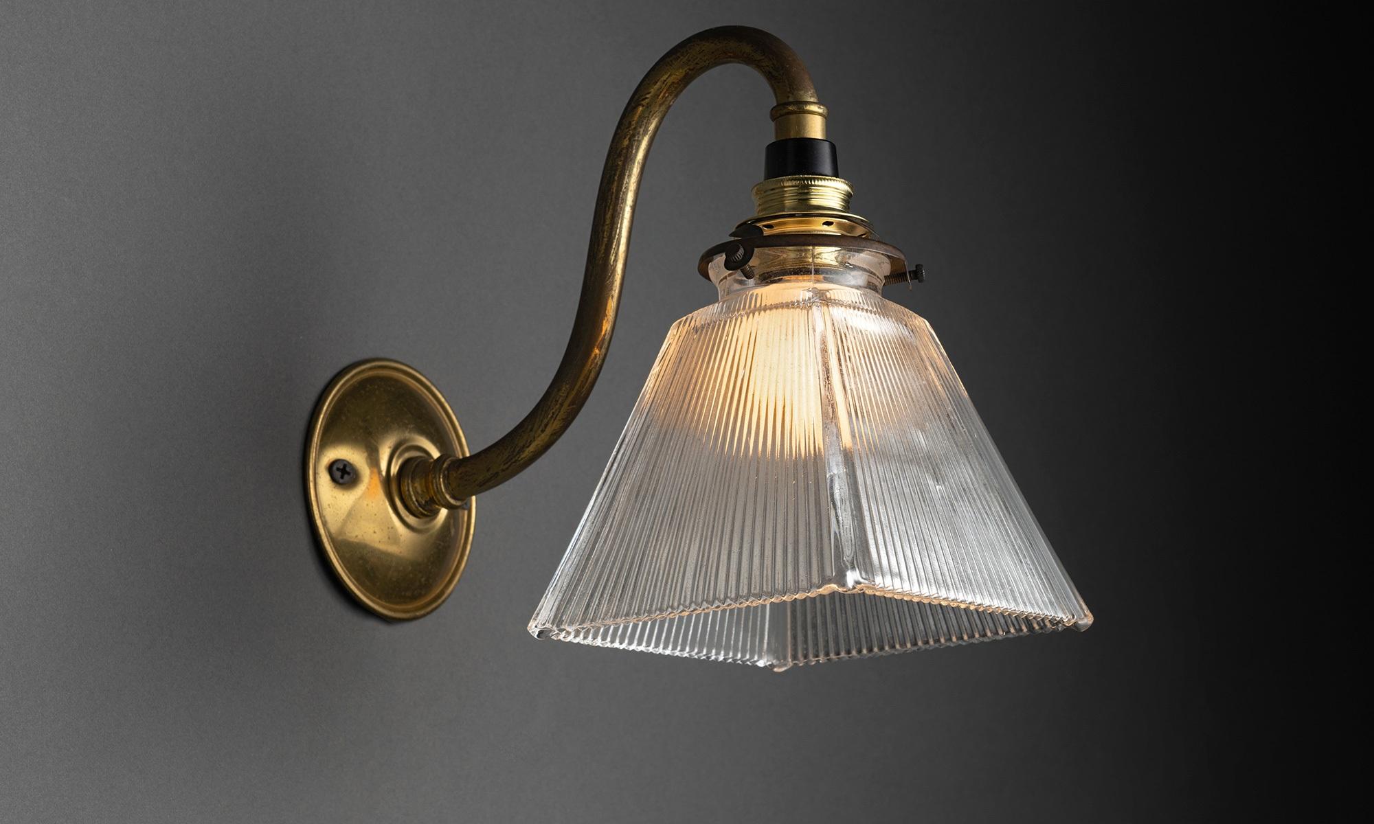 English Brass & Ribbed Glass Sconce, England, circa 1920