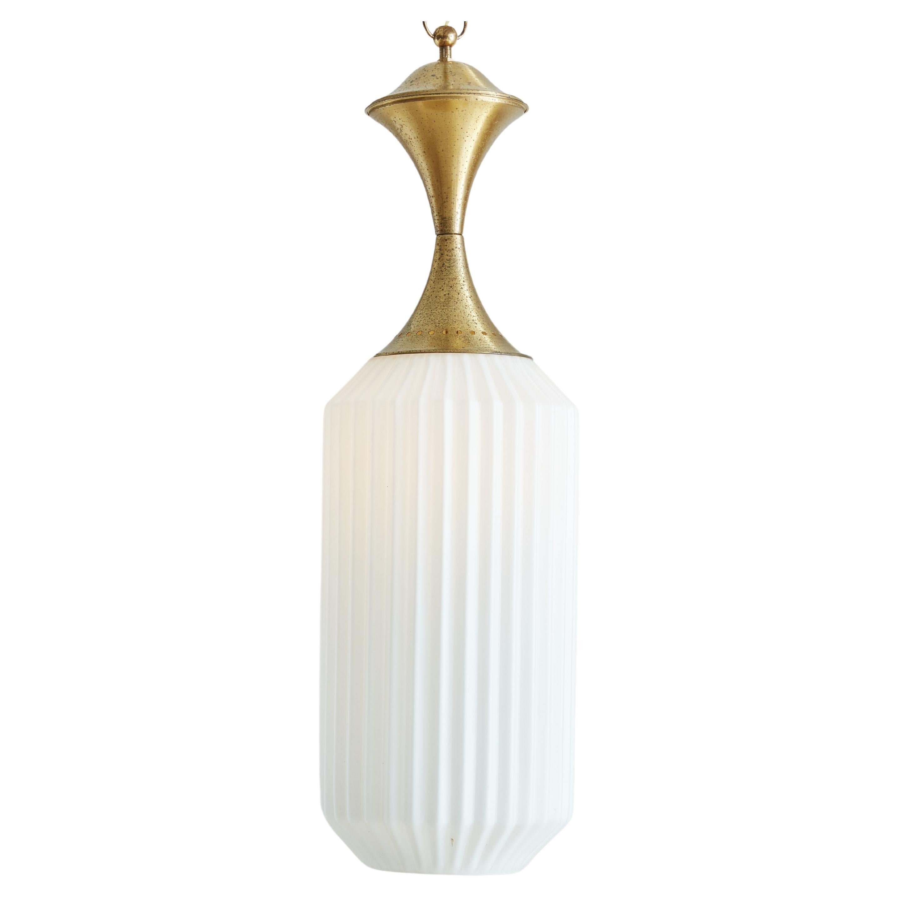 Brass + Ribbed Opaline Glass Pendant Light in the Style of Angelo Lelli, Italy