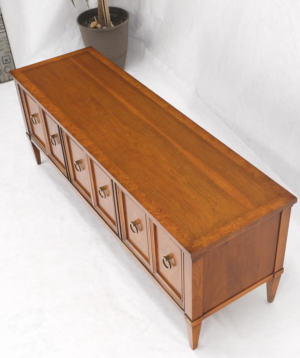 Mid-Century Modern light walnut banded top brass rings drop pulls 3 compartments petit credenza console.