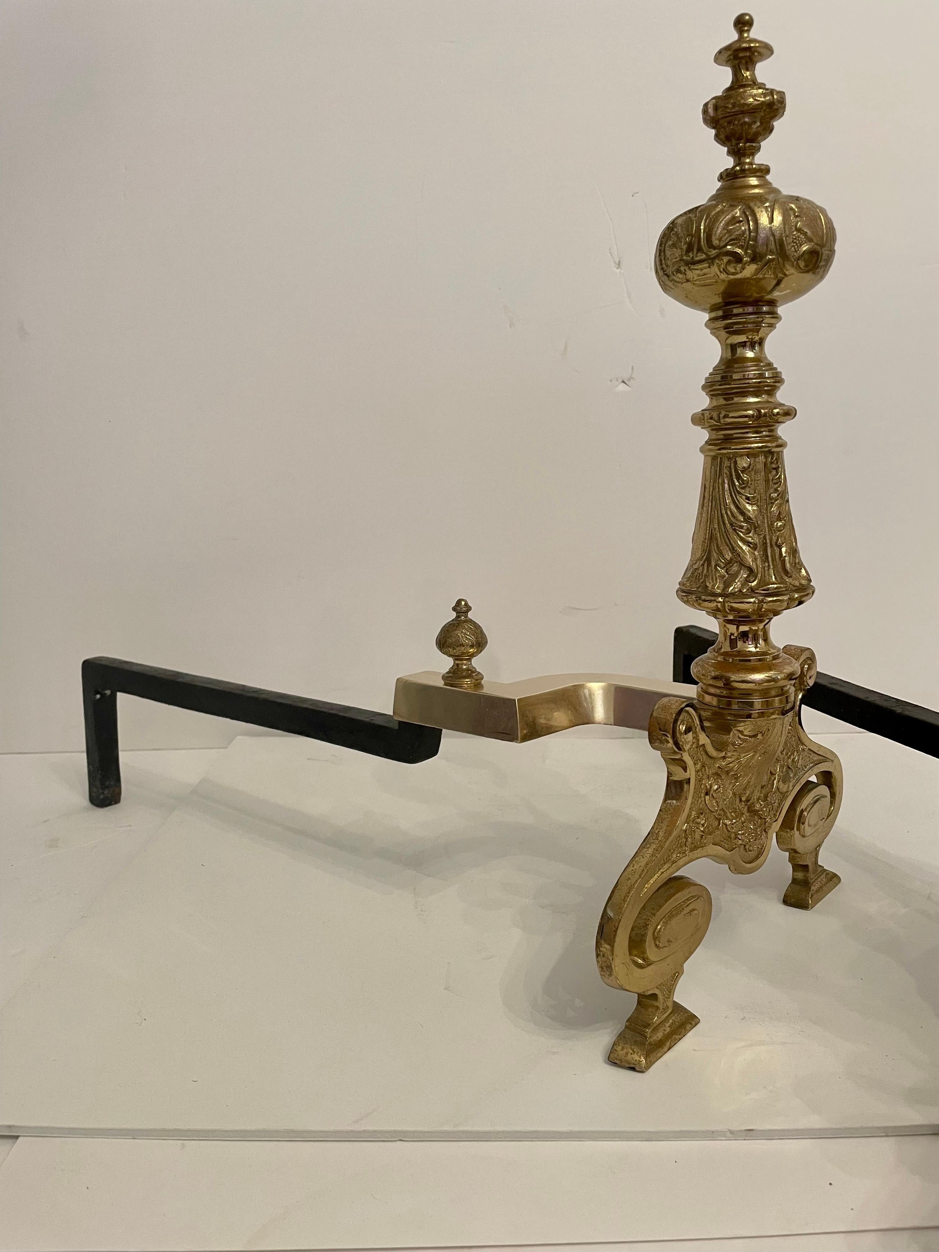 Brass Rococo Revival Andirons In Good Condition For Sale In New York, NY