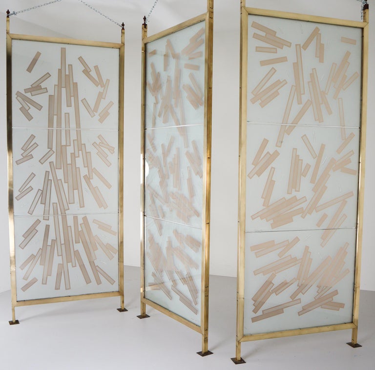 Brass Room Screen/Room Divider in Bohemian Etched Art Glass, Praque For