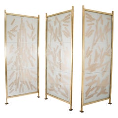 Brass Room Screen/Room Divider in Bohemian Etched Art Glass, Praque