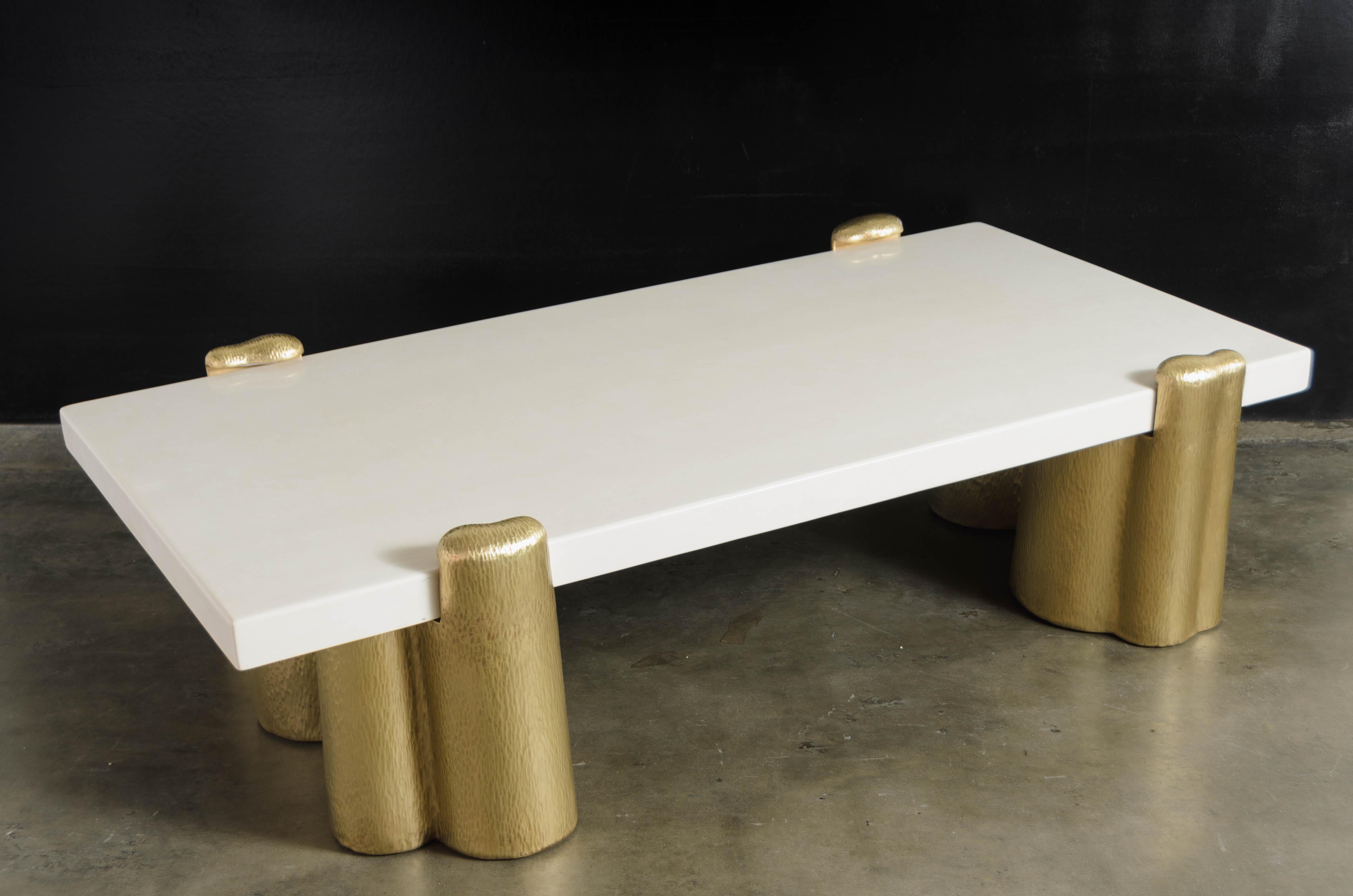 Modern Brass Root Design Cocktail Table Base with Cream Lacquer Top by Robert Kuo For Sale
