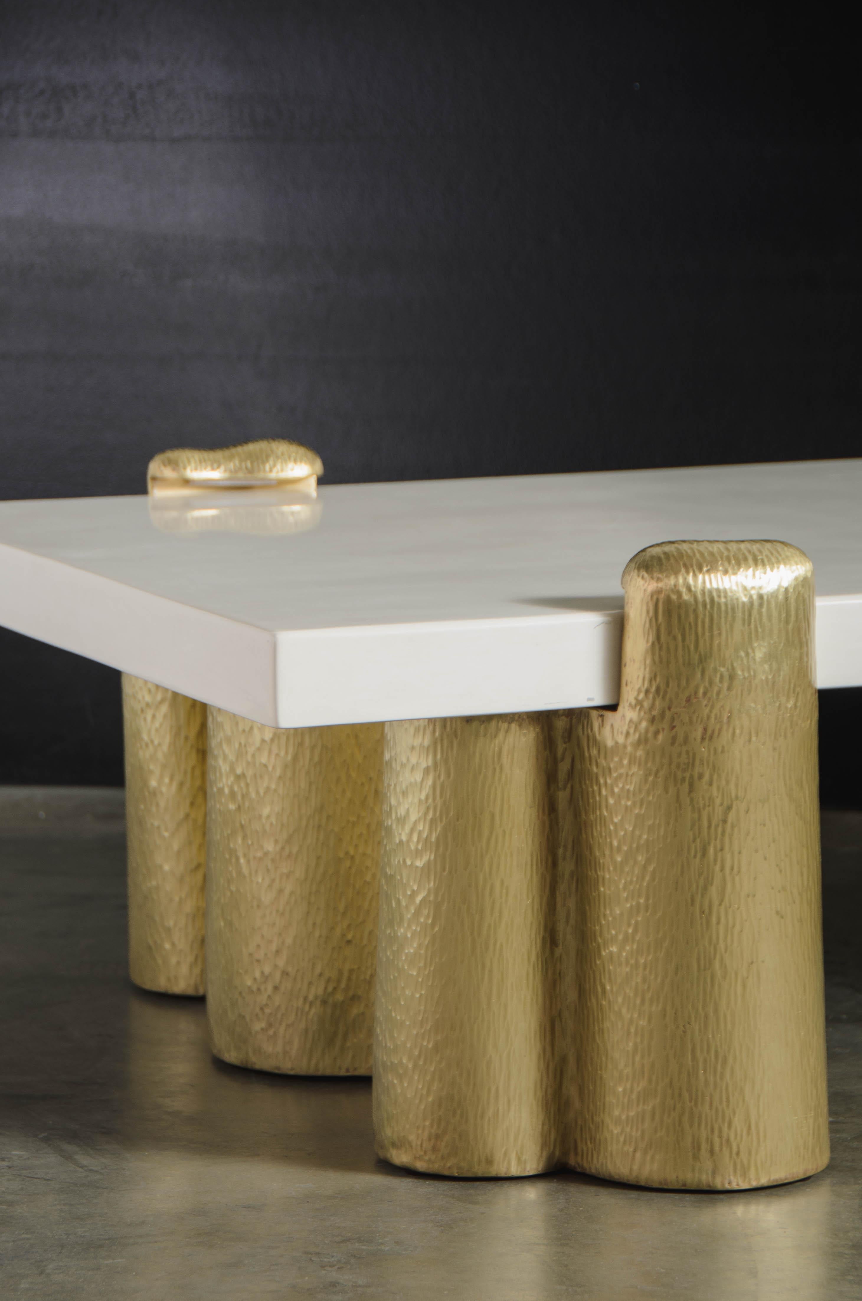 Repoussé Brass Root Design Cocktail Table Base with Cream Lacquer Top by Robert Kuo For Sale