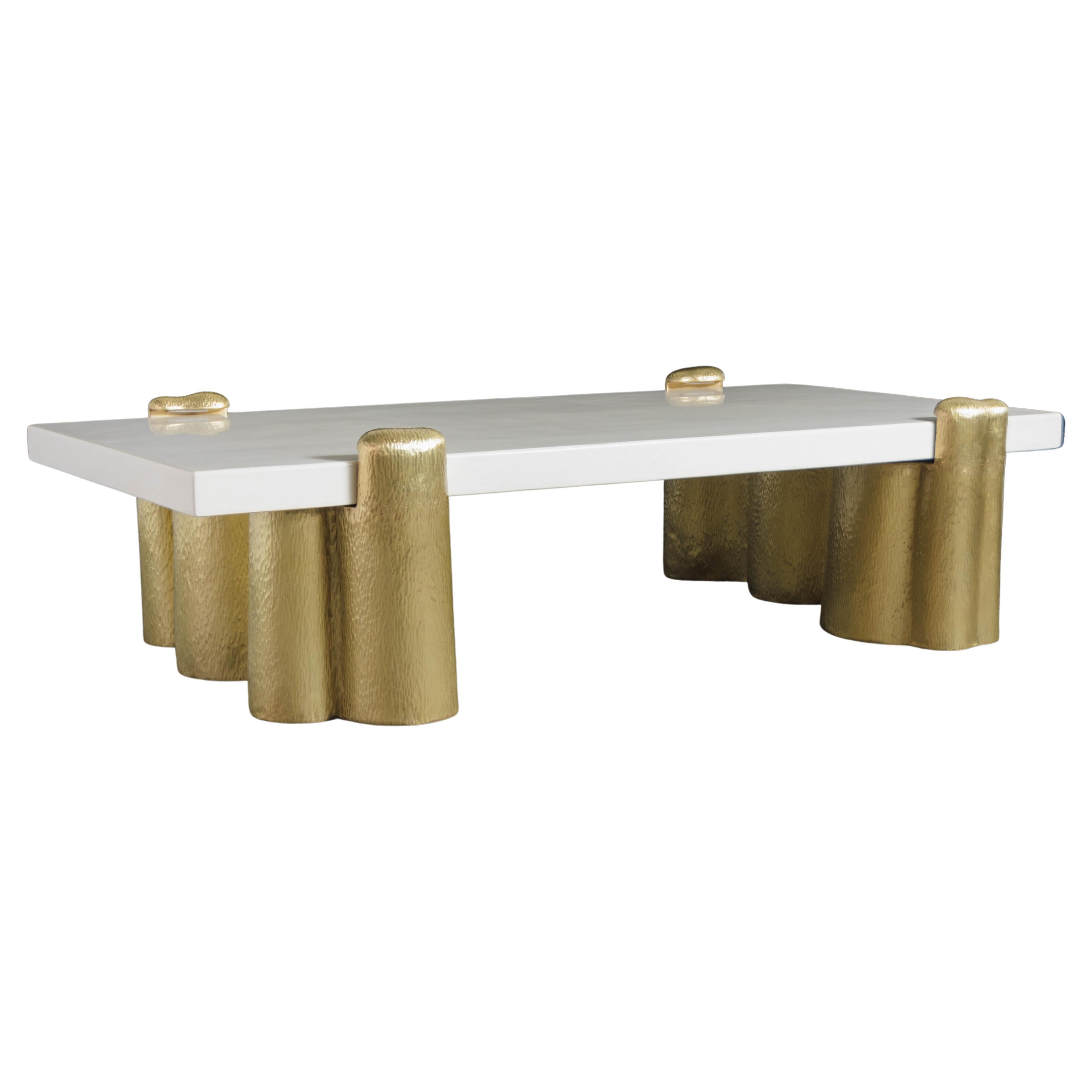 Brass Root Design Cocktail Table Base with Cream Lacquer Top by Robert Kuo For Sale