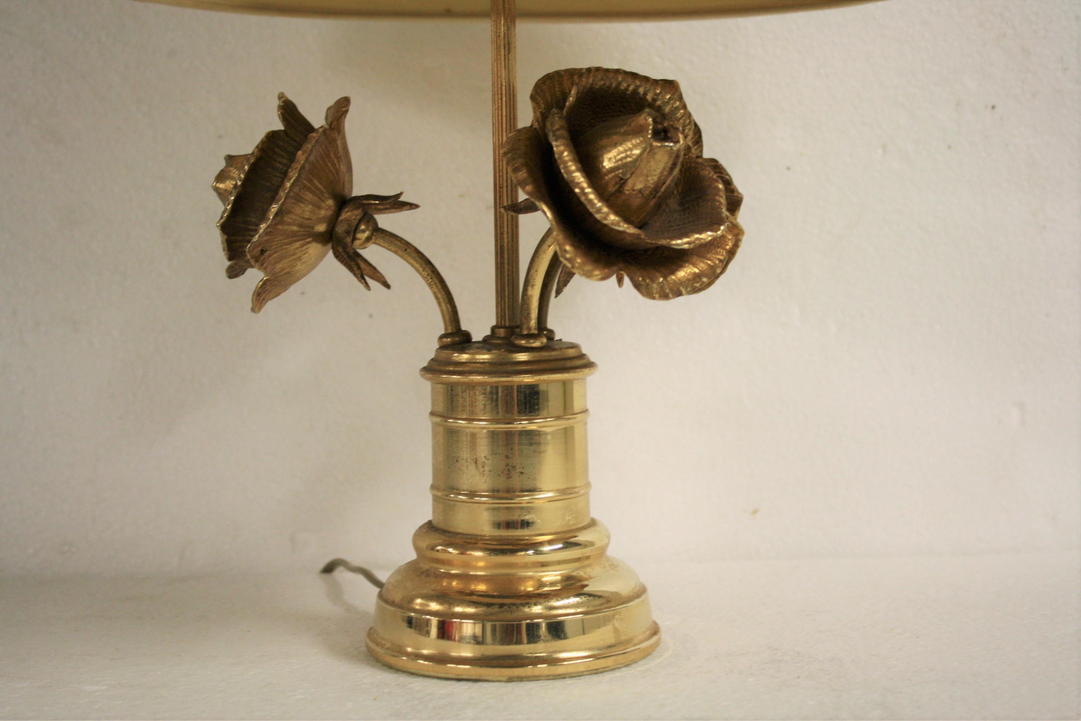 French Brass Rose Flower Table Lamp, 1970s