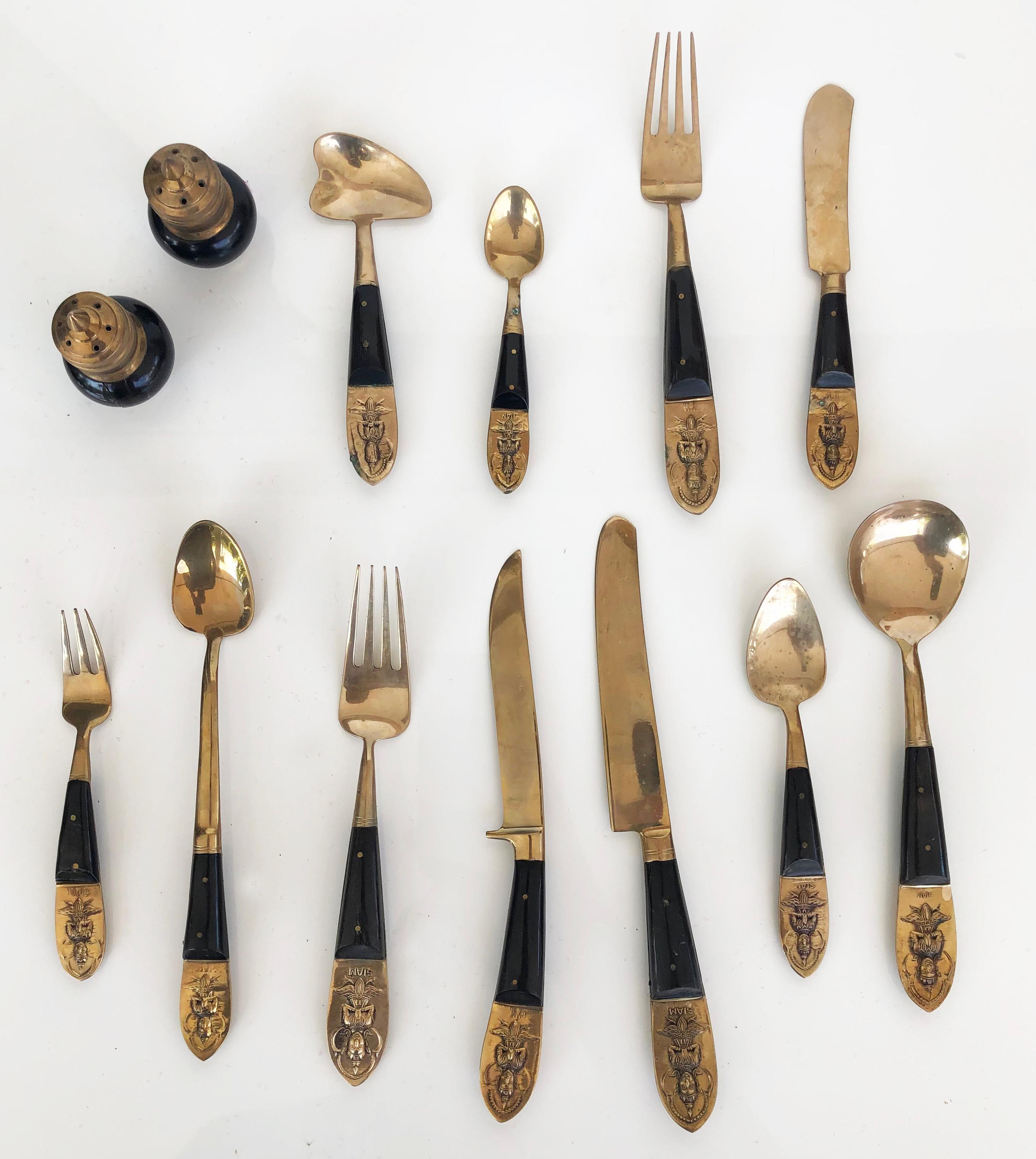 Brass / Rosewood Thai Siam Flatware Service for 12, 1950s In Good Condition In Miami, FL