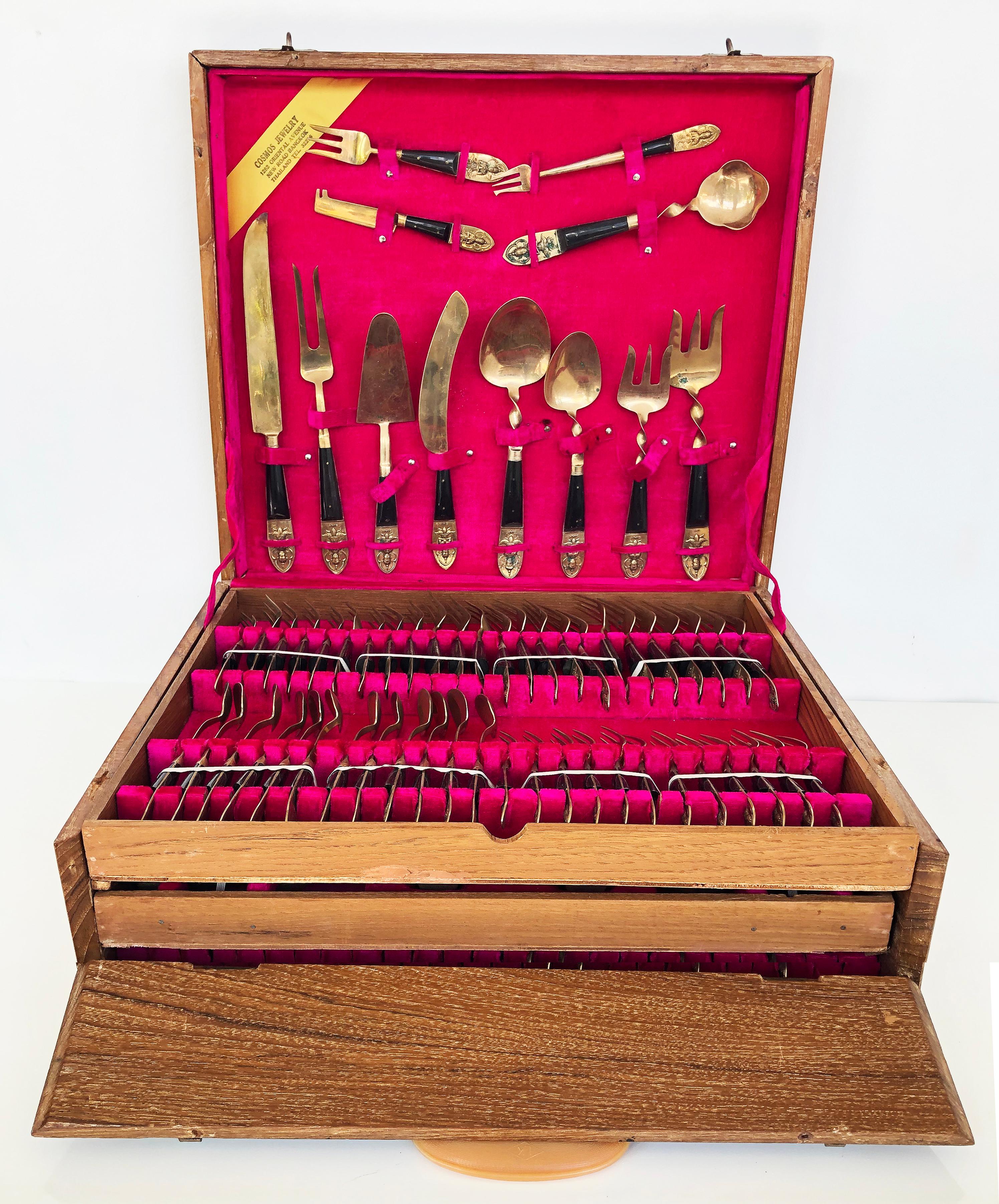 Brass / Rosewood Thai Siam Flatware Service for 12, 1950s 1