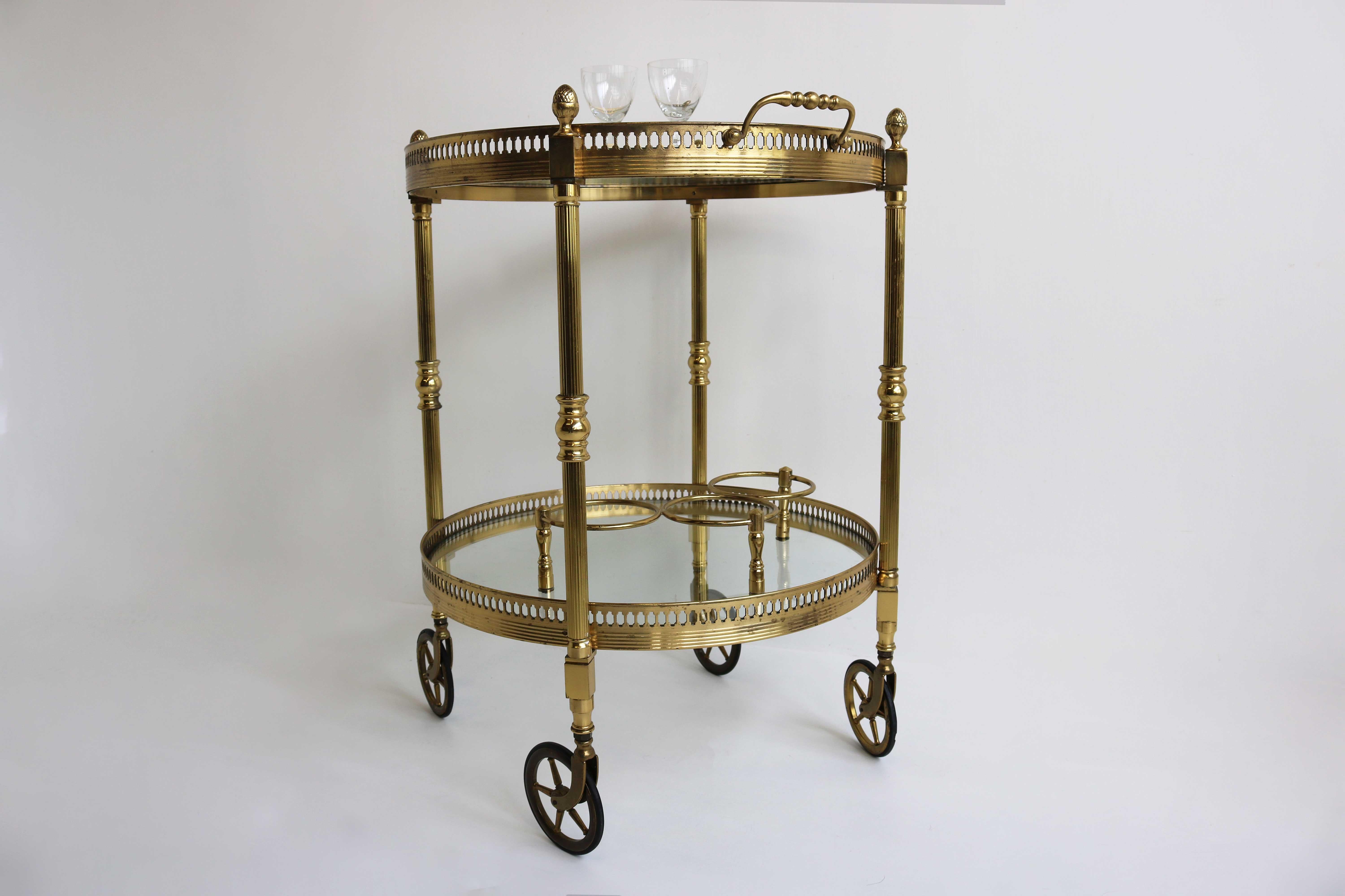 Brass Round Bar Cart, Drinks Trolley, Regency, Side Table, Maison Jansen, 70s 5