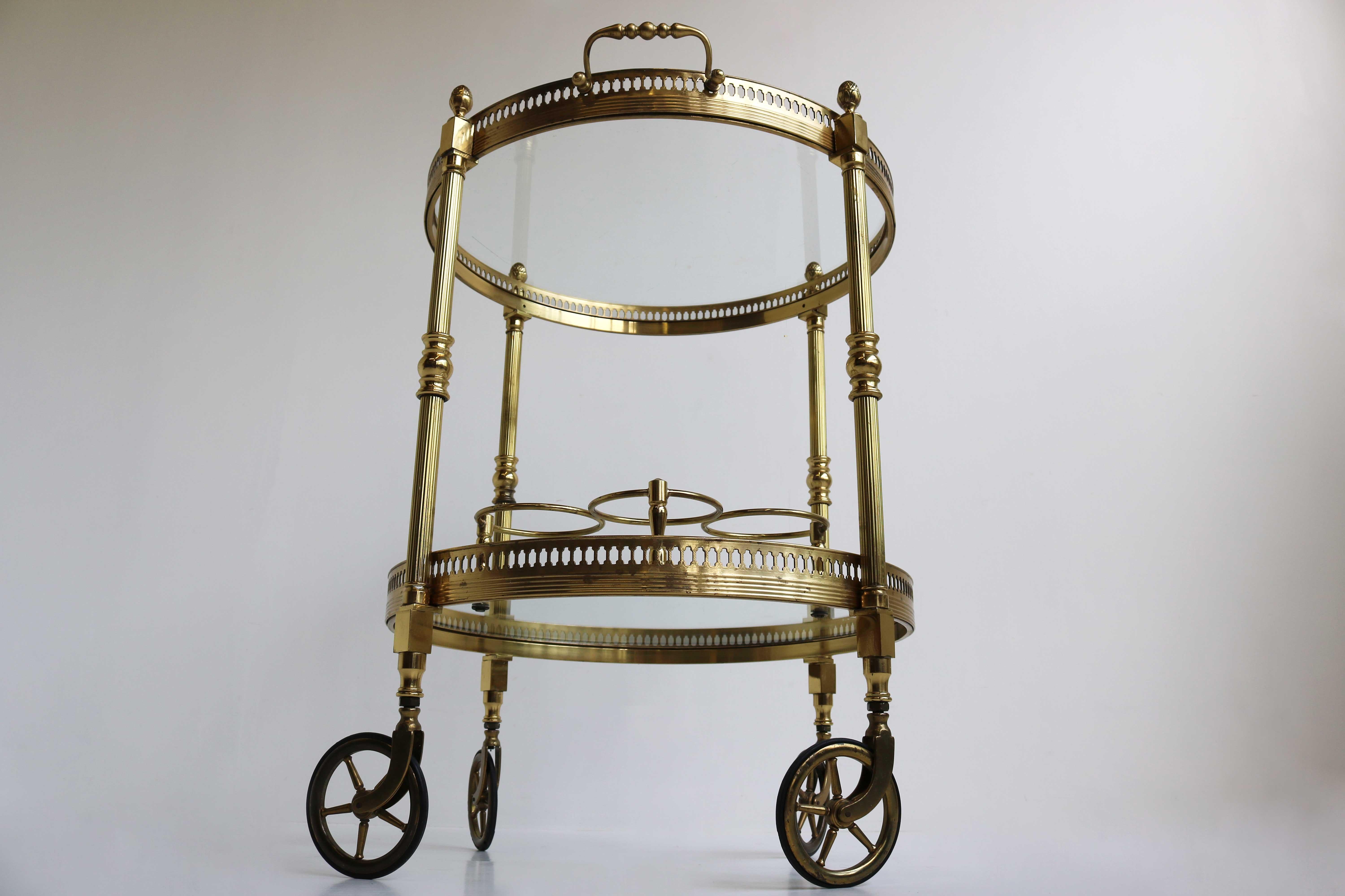 Brass Round Bar Cart, Drinks Trolley, Regency, Side Table, Maison Jansen, 70s 8