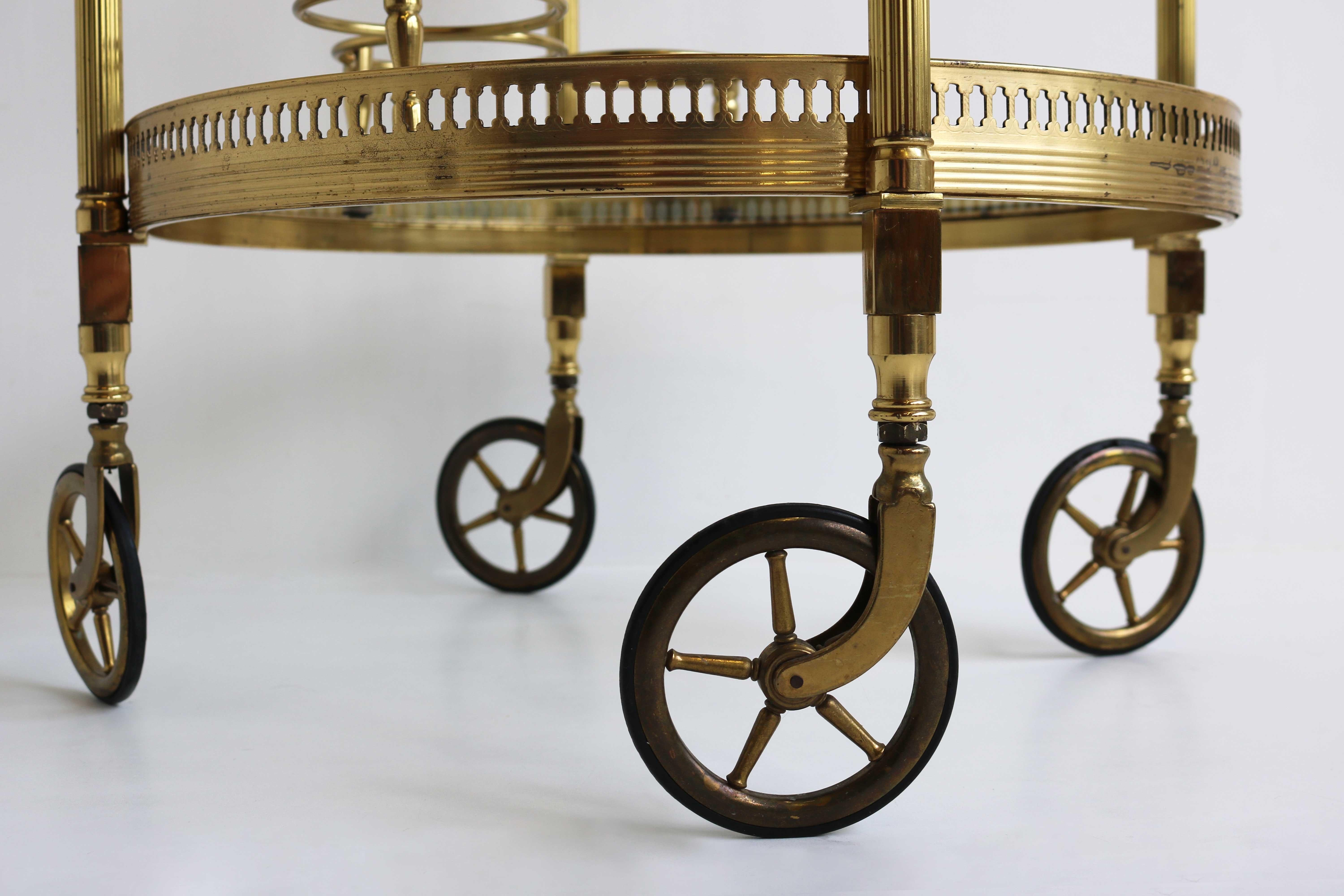 Brass Round Bar Cart, Drinks Trolley, Regency, Side Table, Maison Jansen, 70s 9