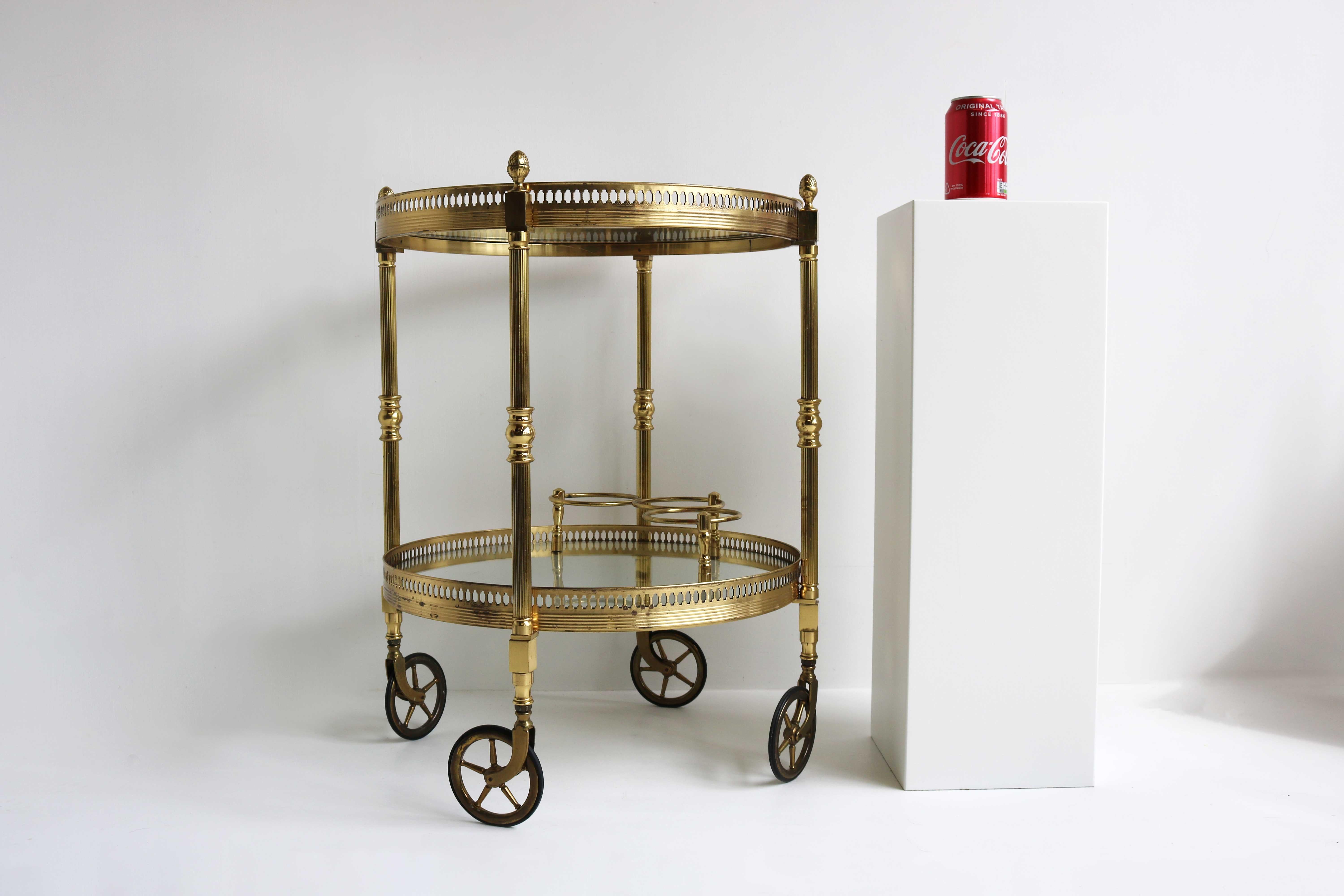 Brass Round Bar Cart, Drinks Trolley, Regency, Side Table, Maison Jansen, 70s 10