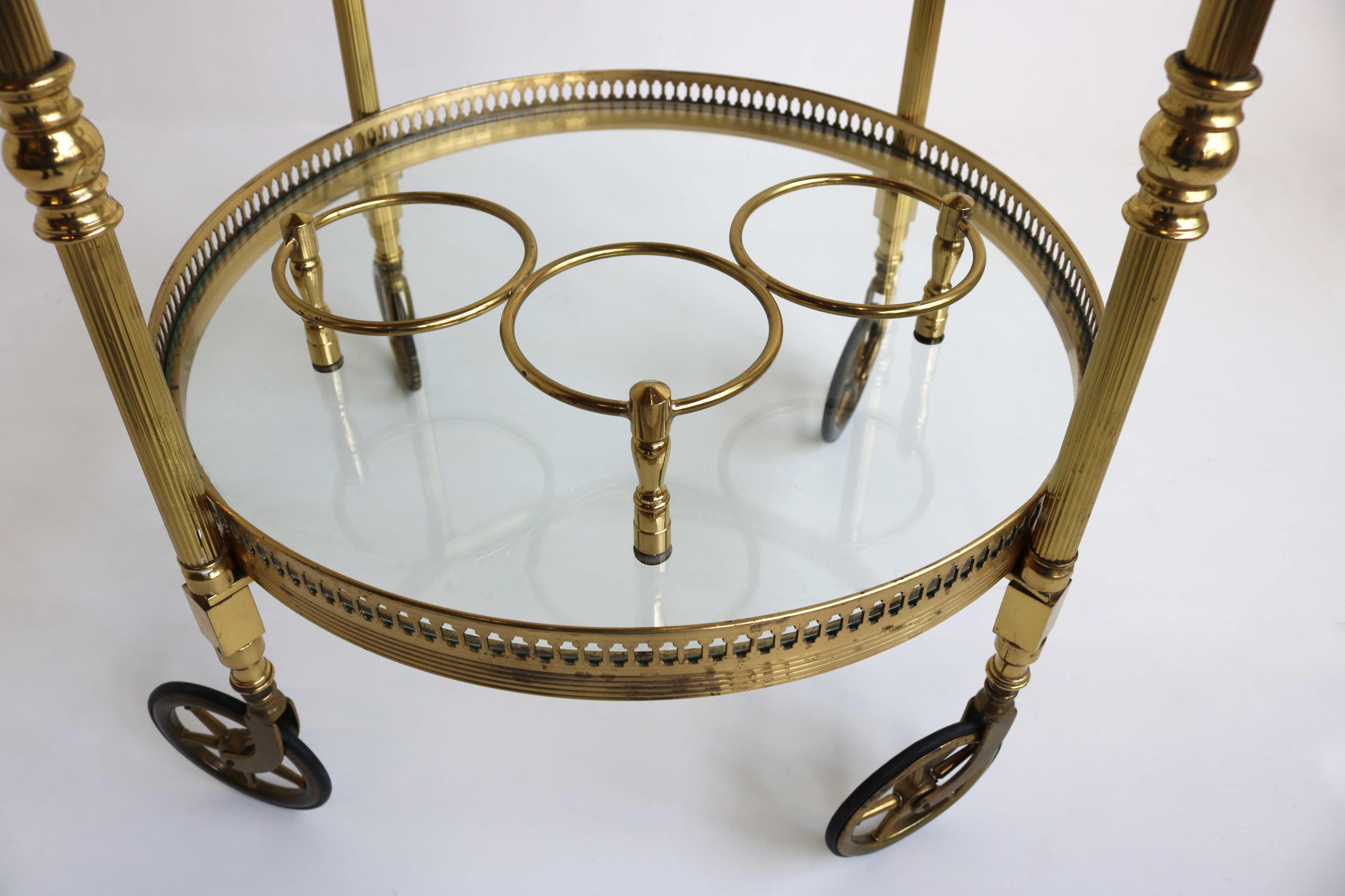 Brass Round Bar Cart, Drinks Trolley, Regency, Side Table, Maison Jansen, 70s 3