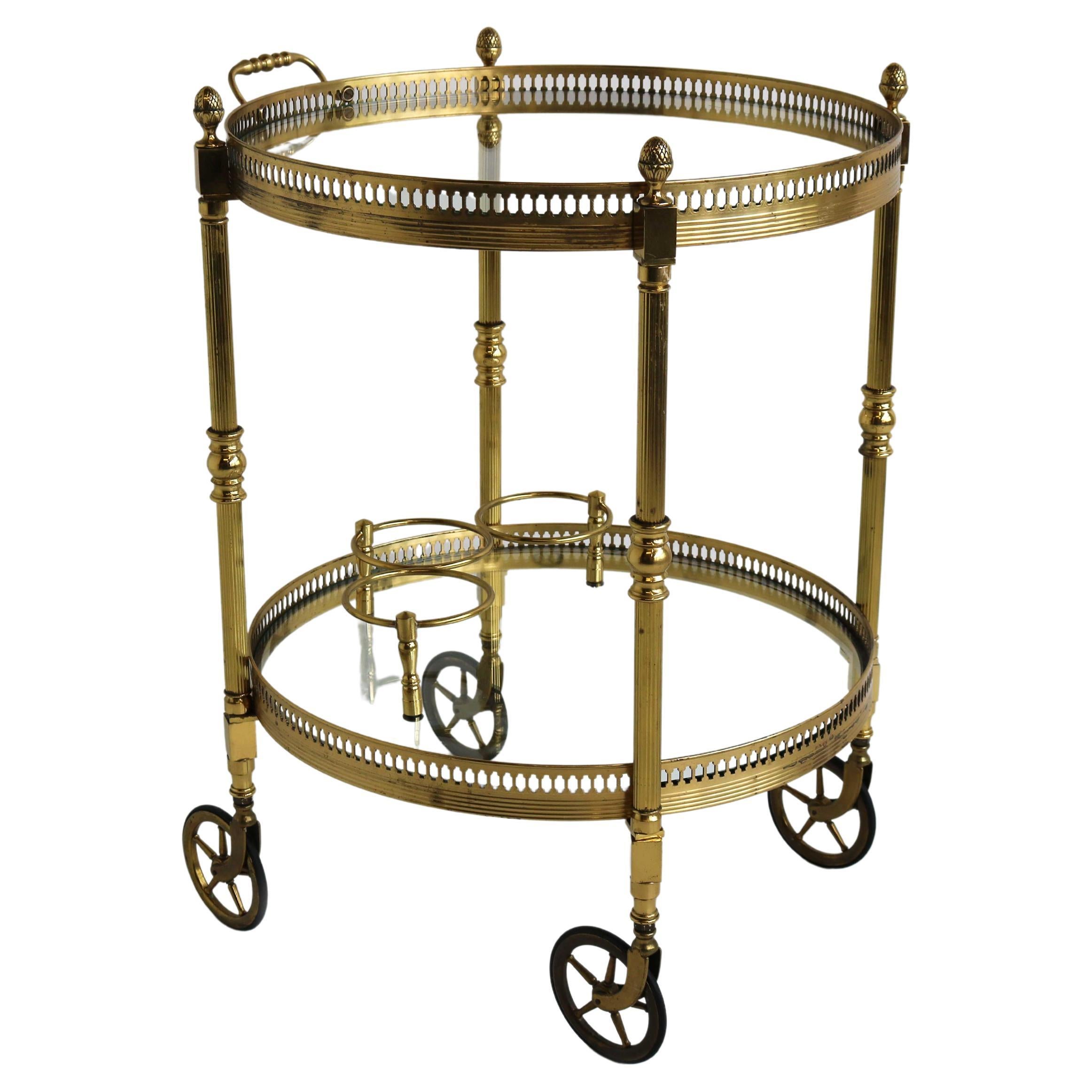 Brass Round Bar Cart, Drinks Trolley, Regency, Side Table, Maison Jansen, 70s
