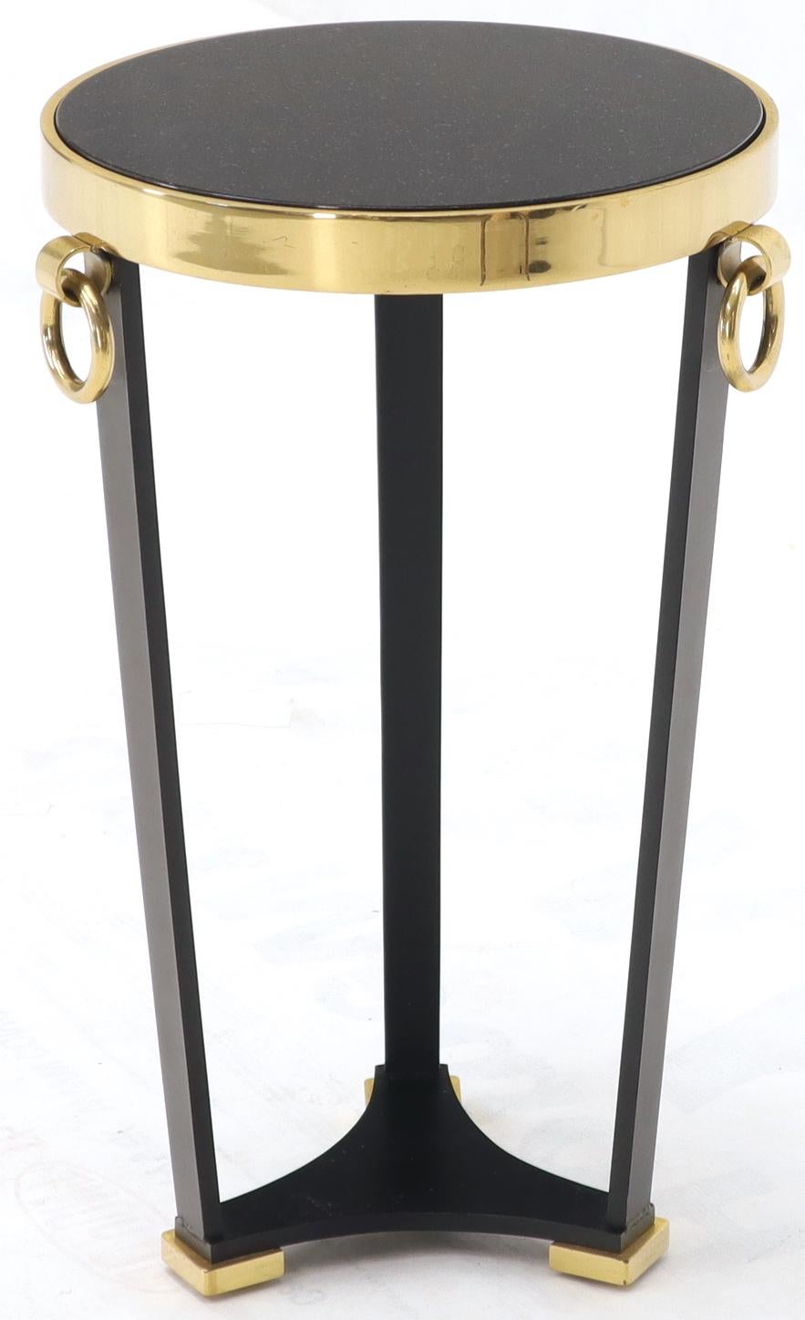 20th Century Brass and Round Black Granite Top Tri Legged Pedestal End Side Table For Sale